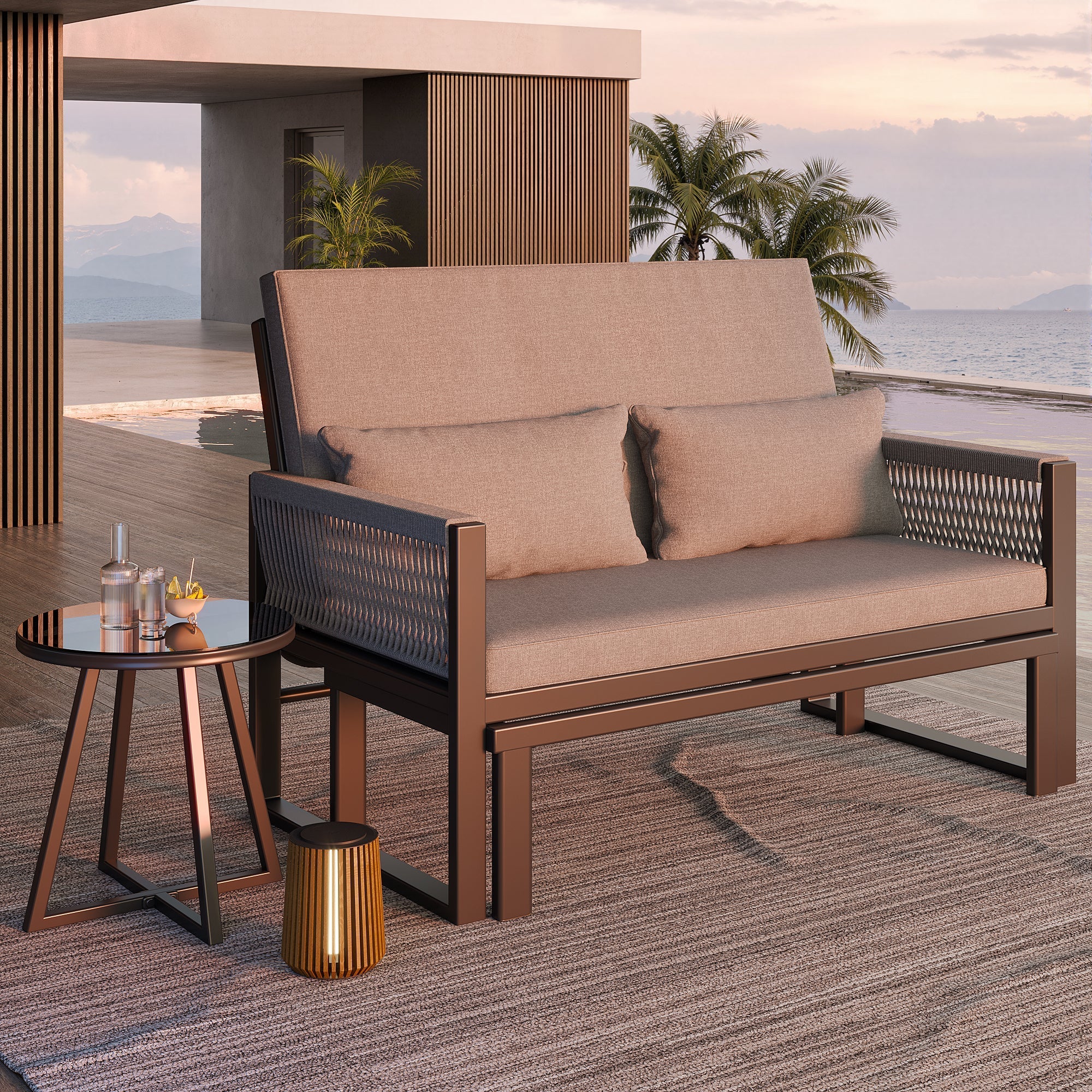 Garden Lounger with Woven Iron Armrests and Glass Coffee Table, Grey