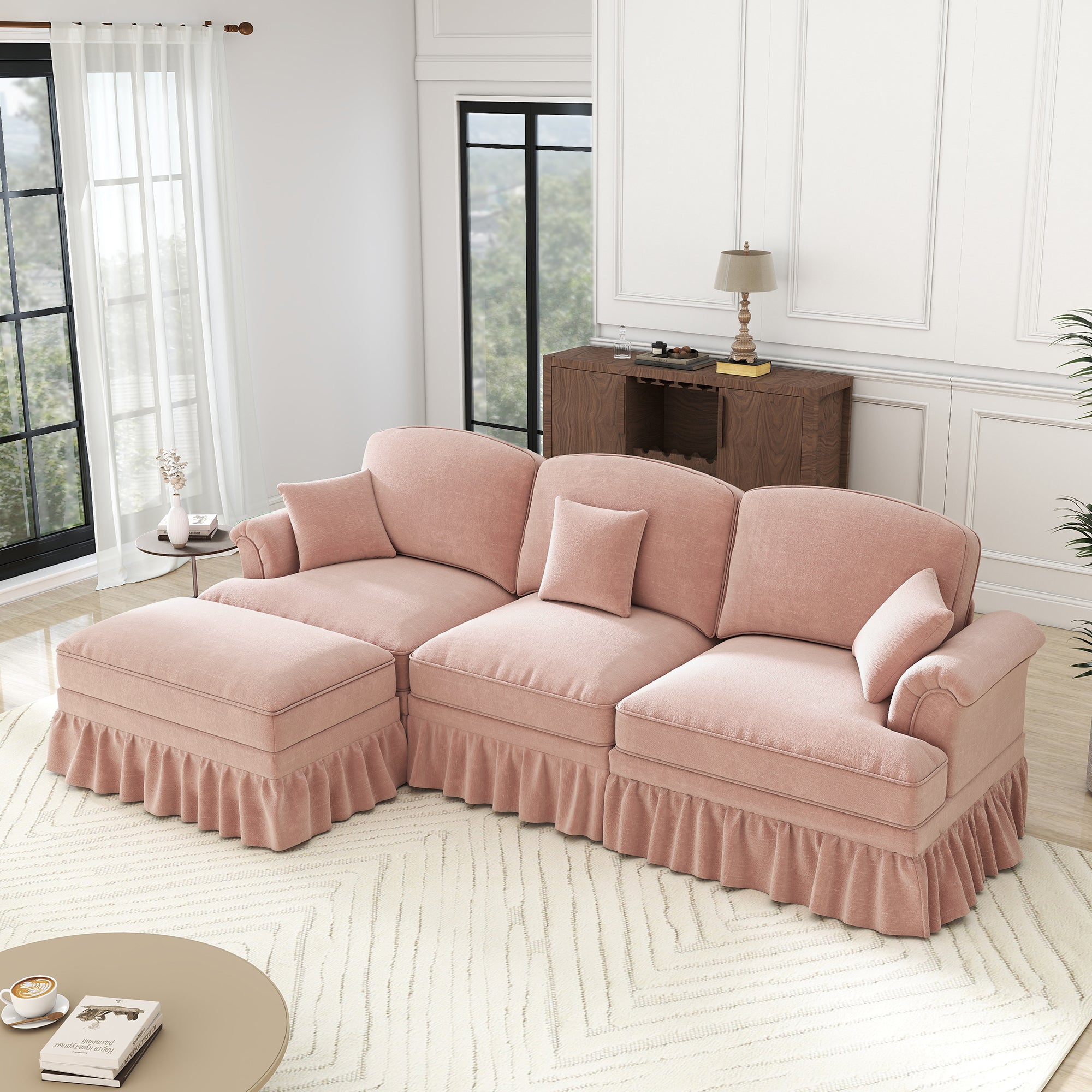 Modular Mid-Century L-Shaped 3-Seater Sofa with Ottoman - Pink Chenille