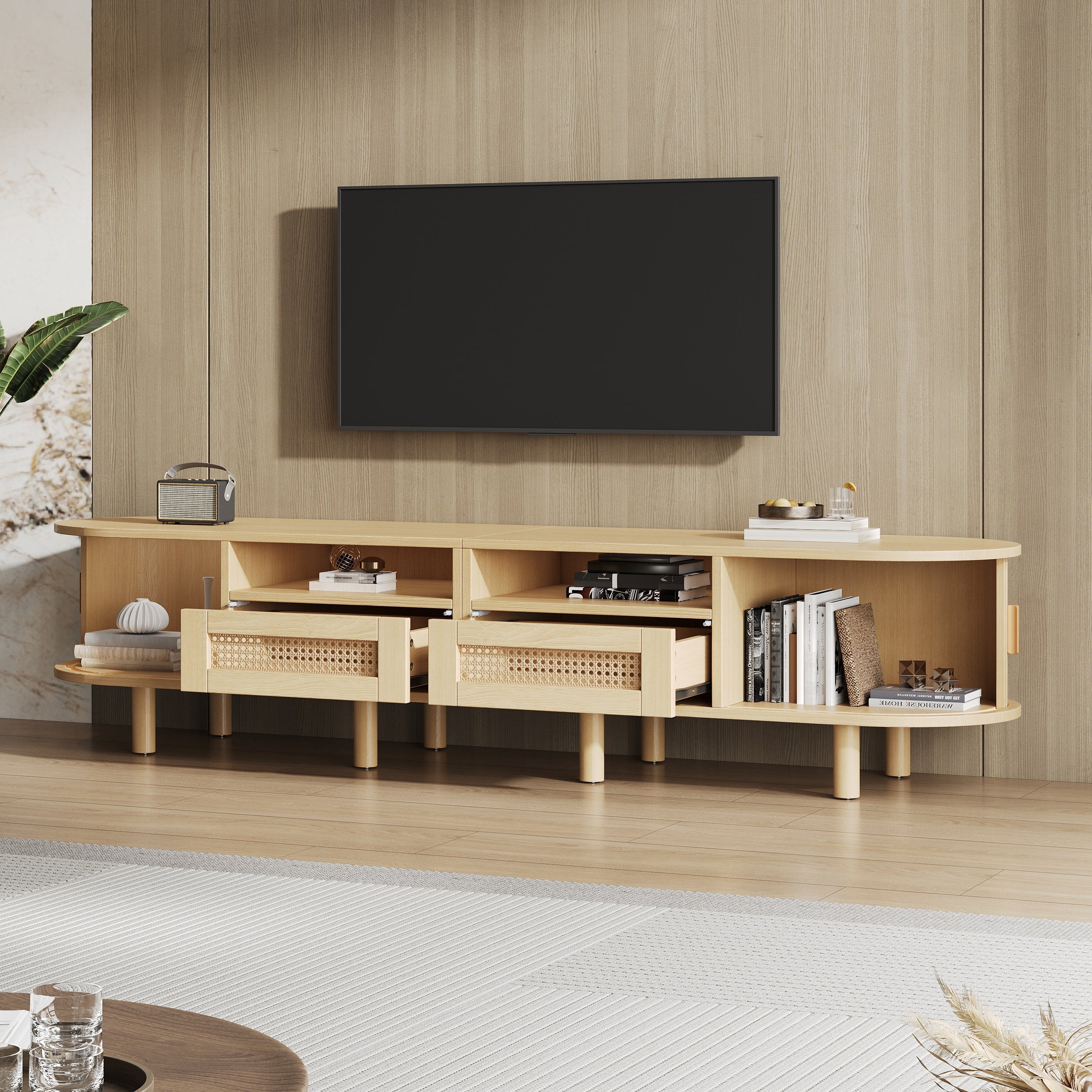Oval TV Stand for 70 Inches, 2 Rattan Drawers, 2 Sliding Doors, Wood Color