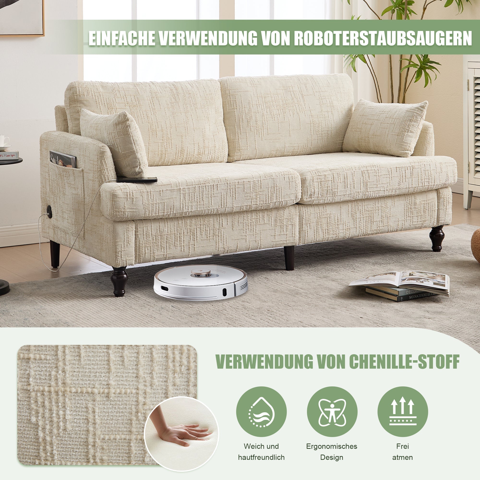 Sofa, 2-Seater with LED Light, USB & Storage, Chenille
