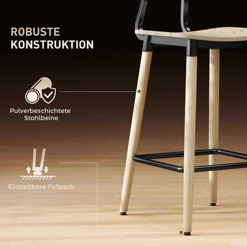 Bar Stools, 2 Counter Stools with Backrest and Footrest, Steel Legs, Natural