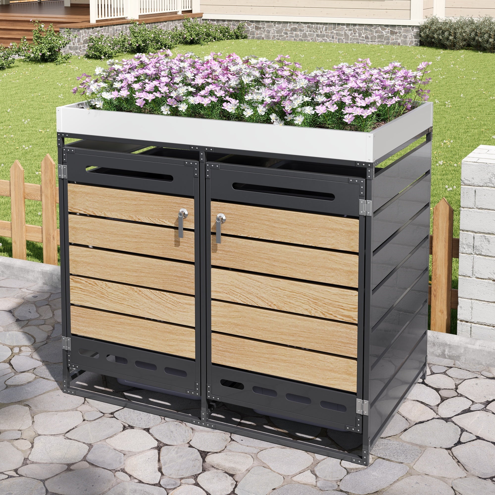 Garden Bin Storage with Planter Box, Slotted Ventilation and Lockable Door, Iron with Wood-Look Slats