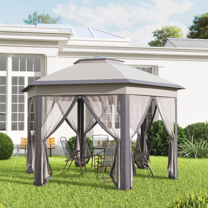 Garden Pavilion Folding Pop-Up Tent 4x4m 6 Side Panels Double Hexagonal Roof, Coffee/Beige