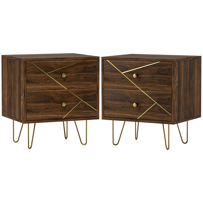 Bedside Tables, Modern Set of 2 with 2 Drawers and Steel Hairpin Legs, Brown Wood Grain