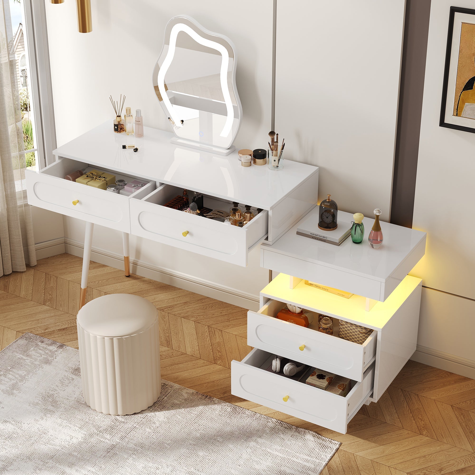 Dressing Table Set LED Mirror 4 Drawers Open Storage White