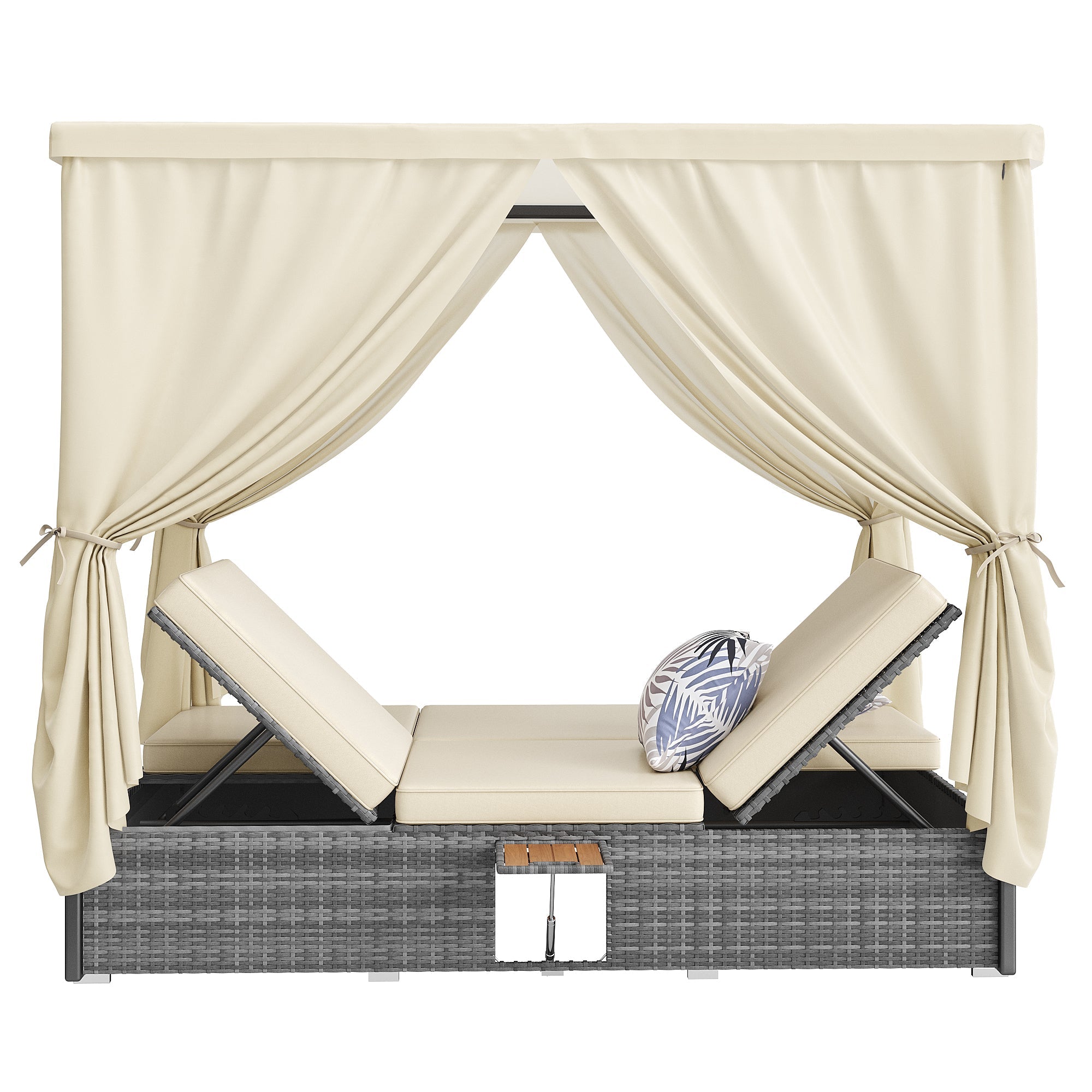 Rattan Garden Lounger Double Bed with Shade Curtain, Foldable & Table - Cream-White