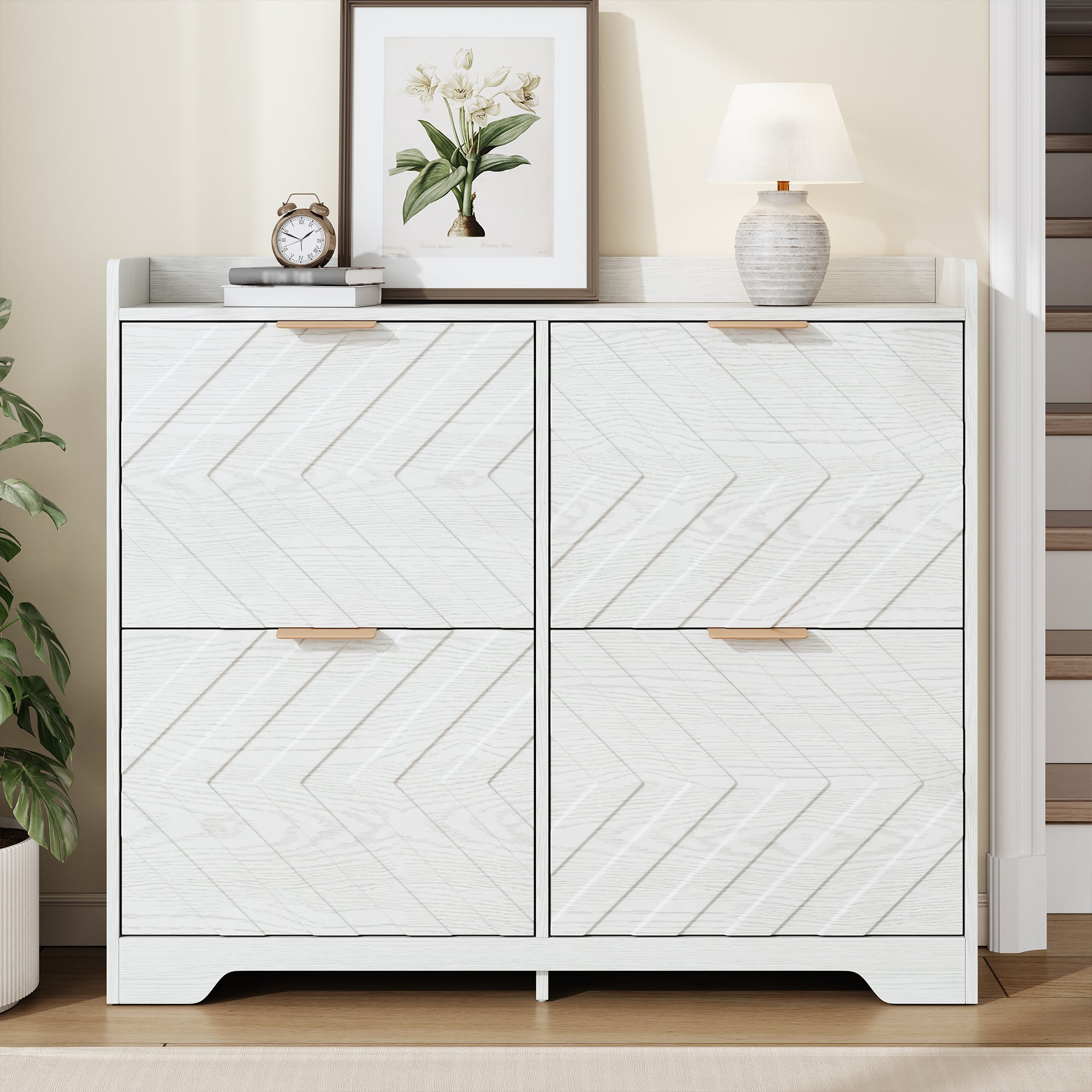 Shoe Cabinet with 4 Flip Drawers, 3D Textured Front and Top Shelf, White Particle Board