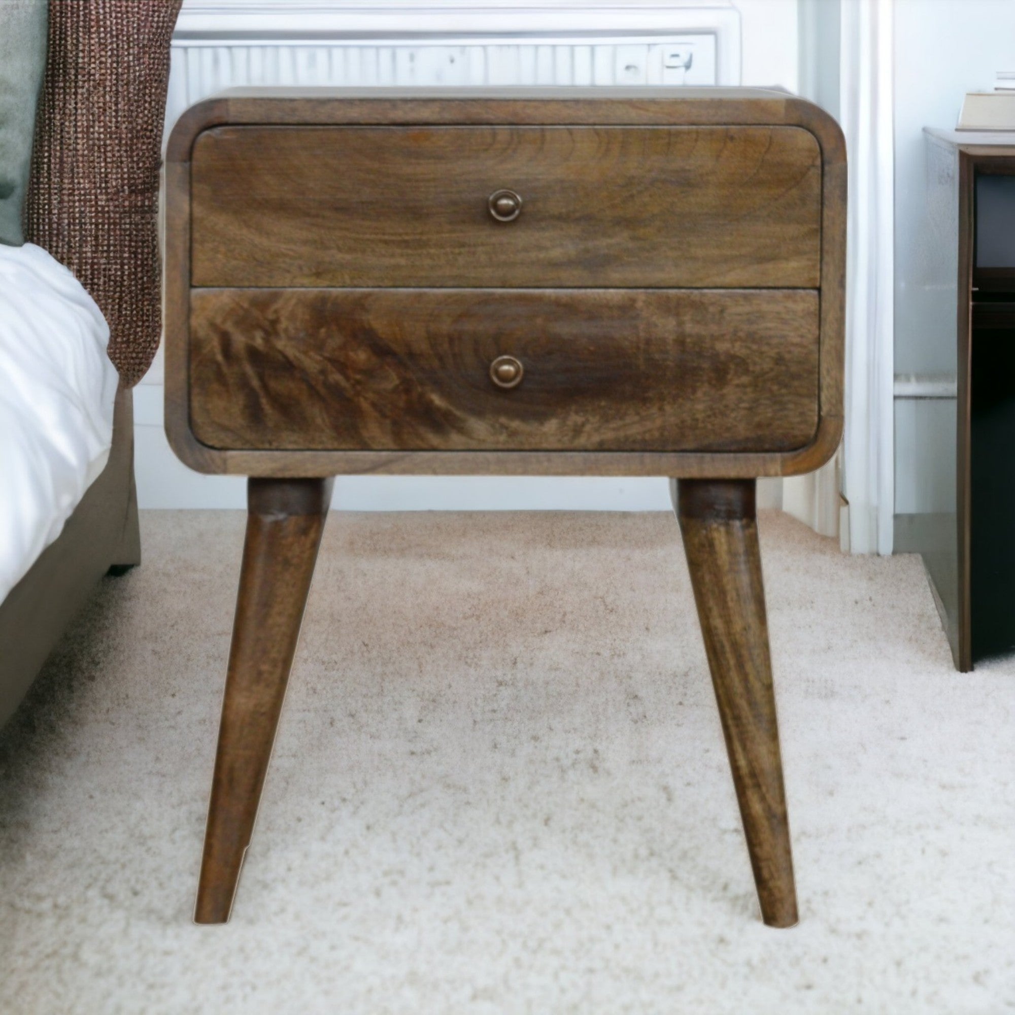 Bedside Table, Curved Classic 2 Drawers, Solid Wood Grey