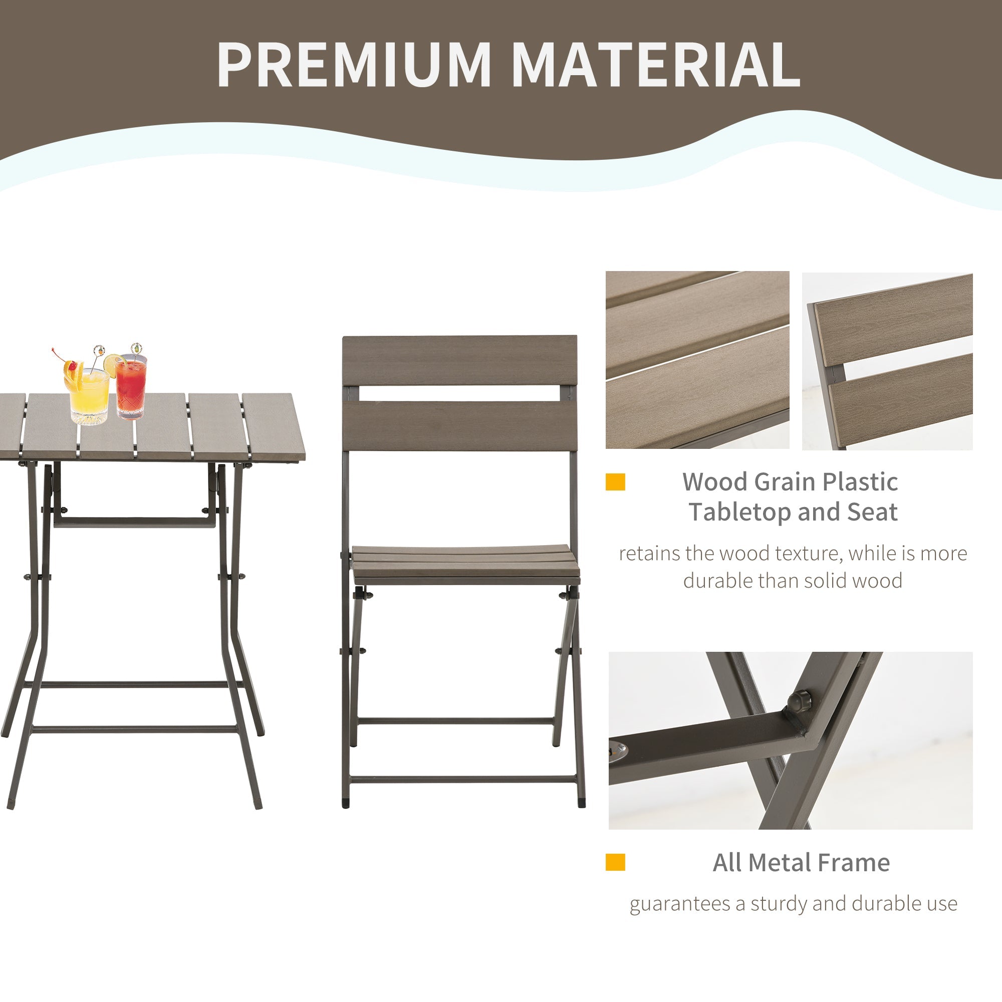 3 Piece Garden Bistro Set, Foldable Table and 2 Chairs, Grey