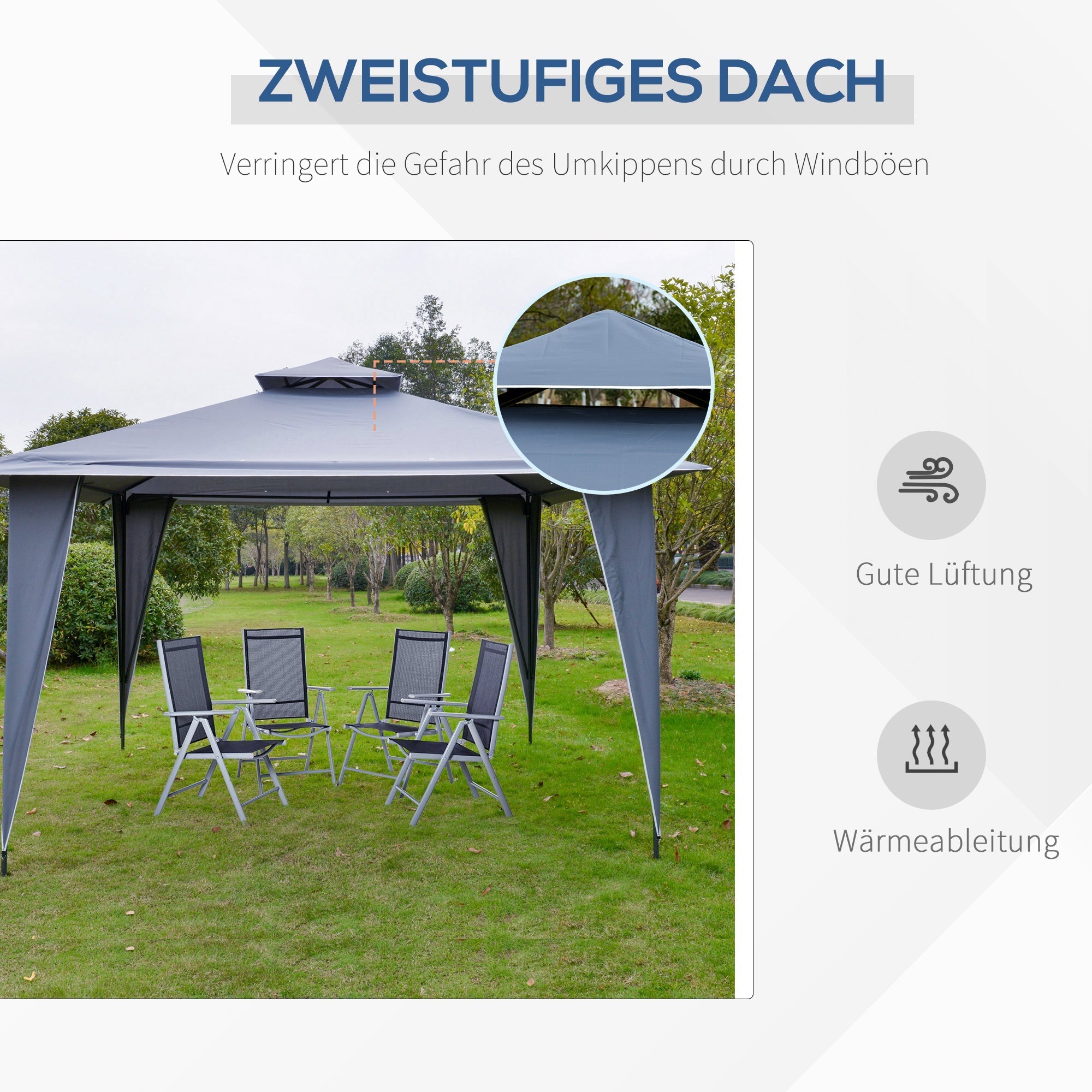 Pavillon Partyzelt, Doppeldach 3.45x3.45m, Metall Polyester Grau