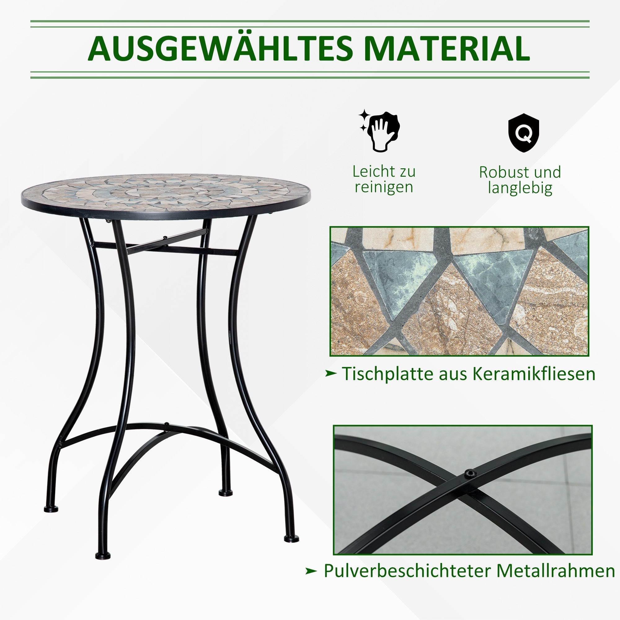Garden Table, Round Bistro Mosaic Top Ø60cm, Ceramic Green/Beige/White