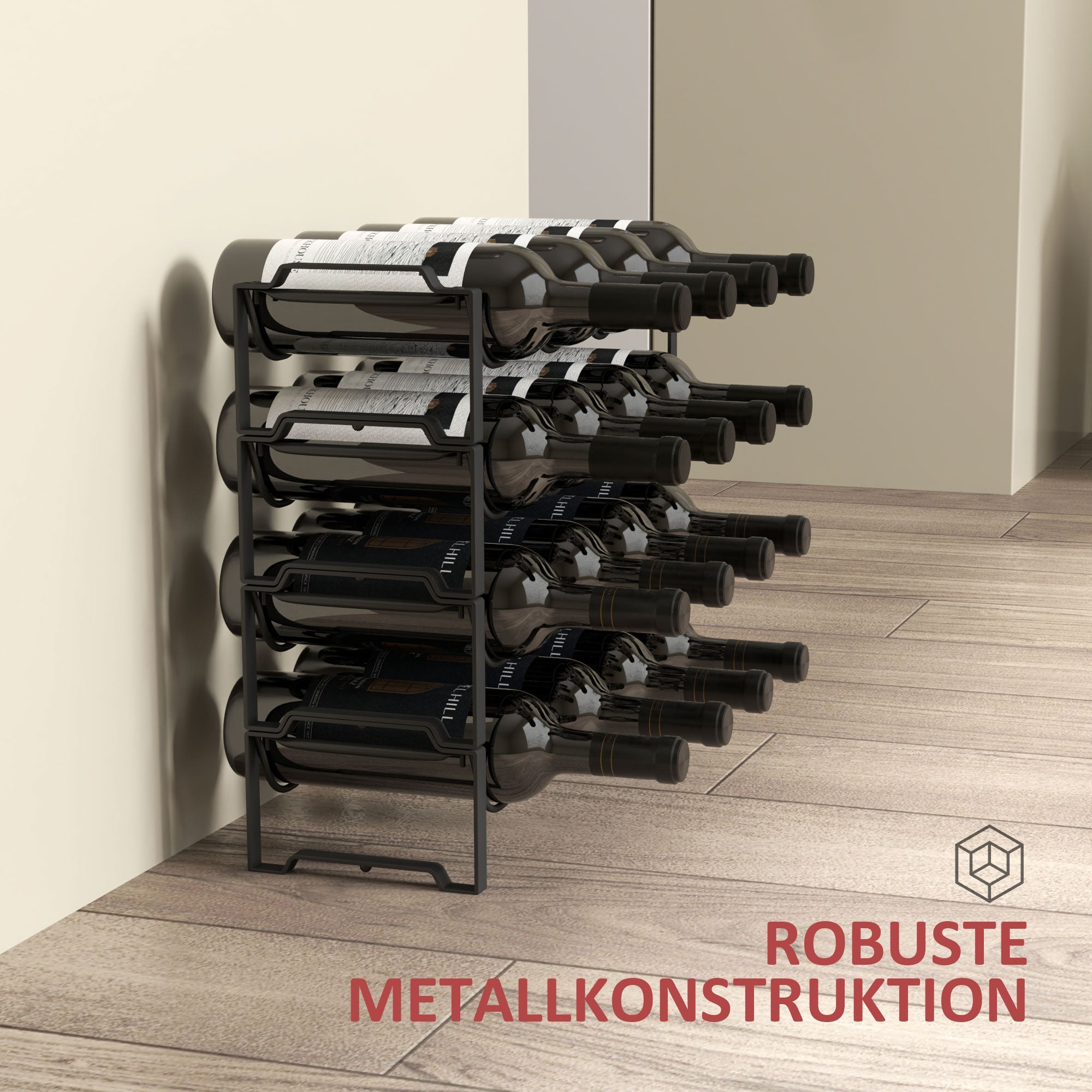 Wine Rack Bottle Rack for 16 Wine Bottles, Metal, Black
