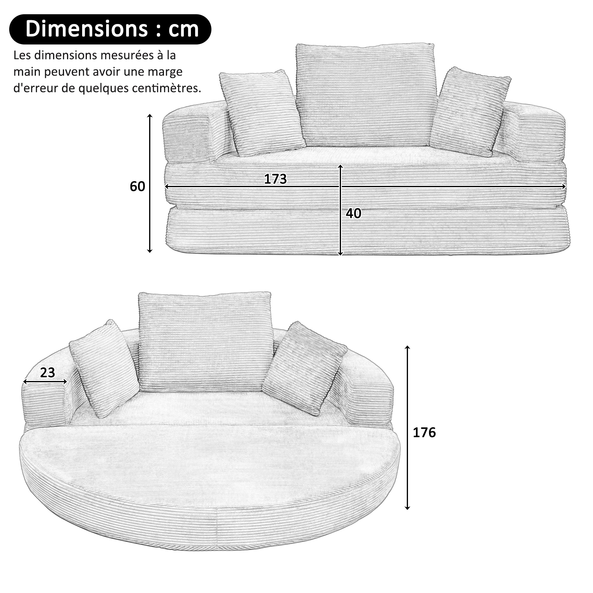 Multifunctional Sofa Bed, Fold-Out Oval Couch (173x176cm), Corduroy