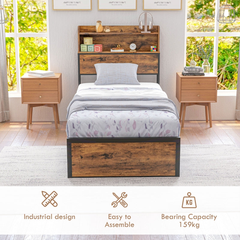 Industrial Single Bed Frame, Steel Base with Storage Headboard and Slats, Rustic Brown