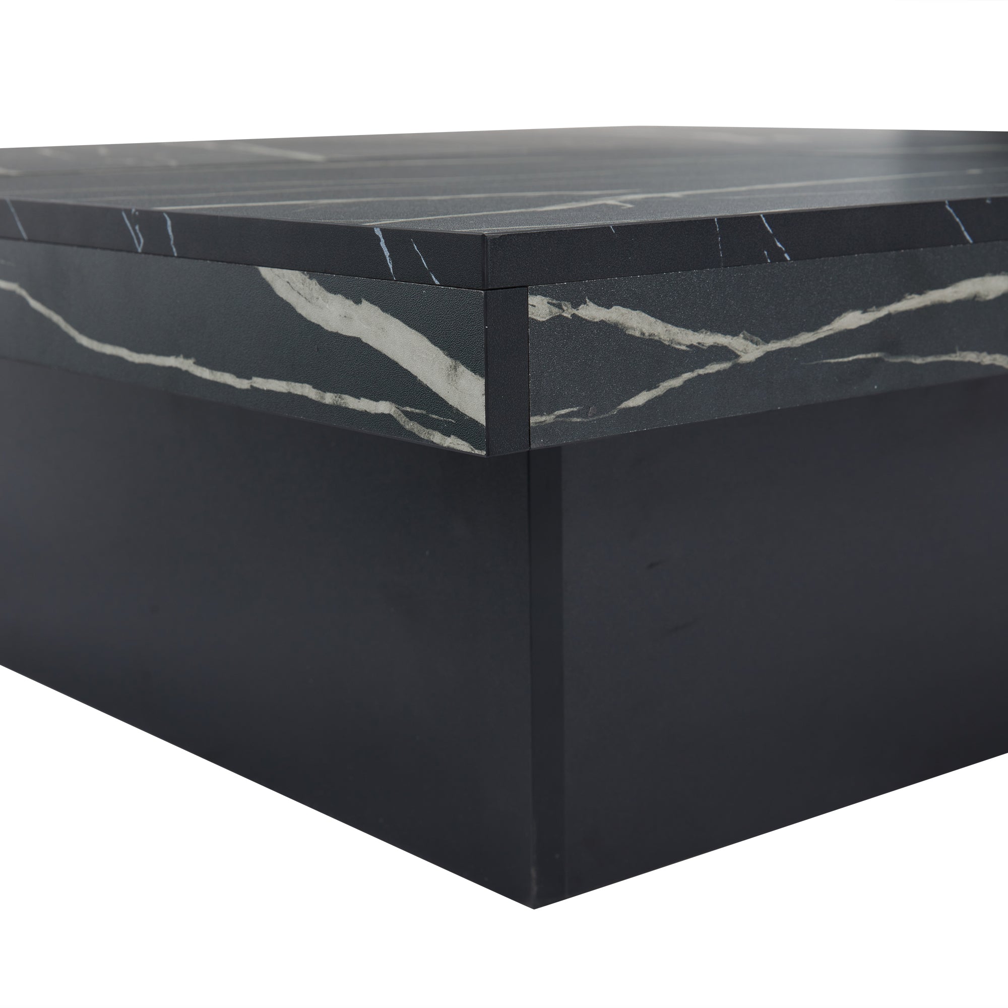 Coffee Table, Square 90x90x25cm with Four Drawers, Sliding Tabletop, Black Marble Look