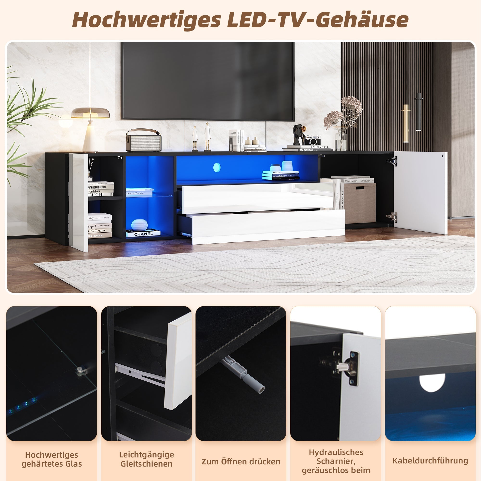 TV Stand Cabinet, 180x40x45cm LED Lowboard with 2 Drawers & 2 Cabinets for 75-inch TVs, Black and White