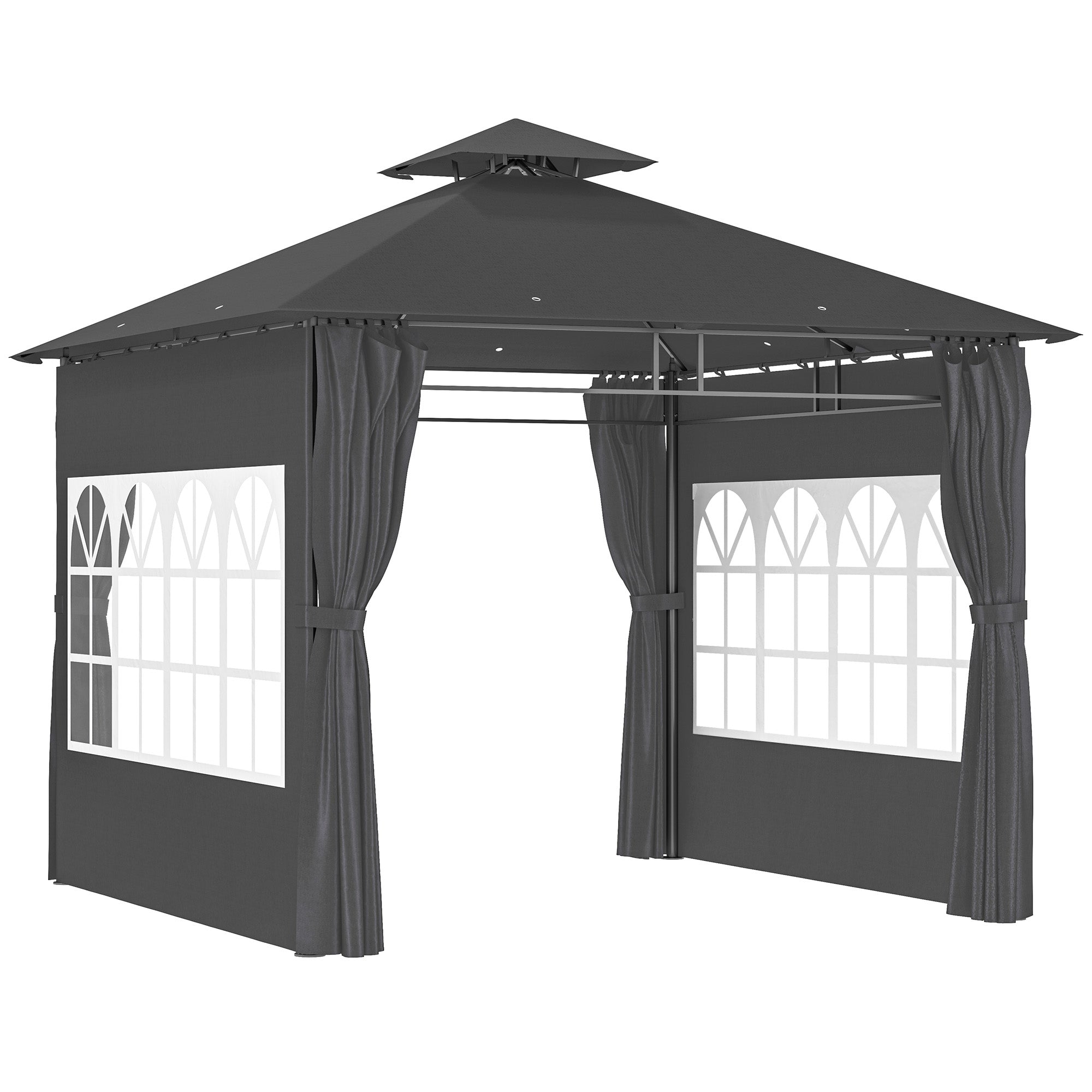 3 x 3 m Gartenpavillon, Doppelter Dachbezug mit abnehmbaren Seitenteilen und Kirchenfenstern, Dunkelgrau