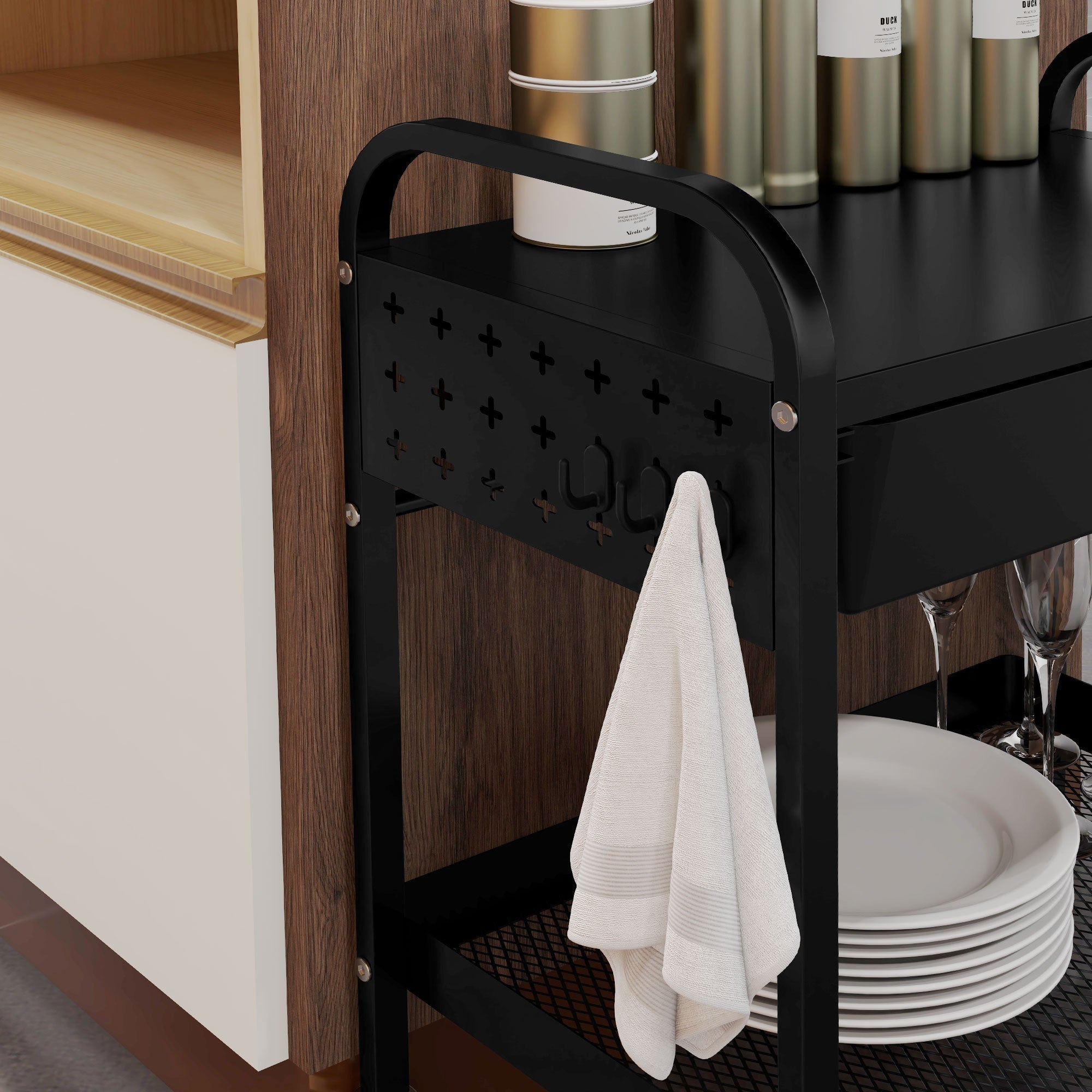 Rolling/Serving/Storage Trolley, 1 Drawer 1 Shelf with Hooks, Steel Black
