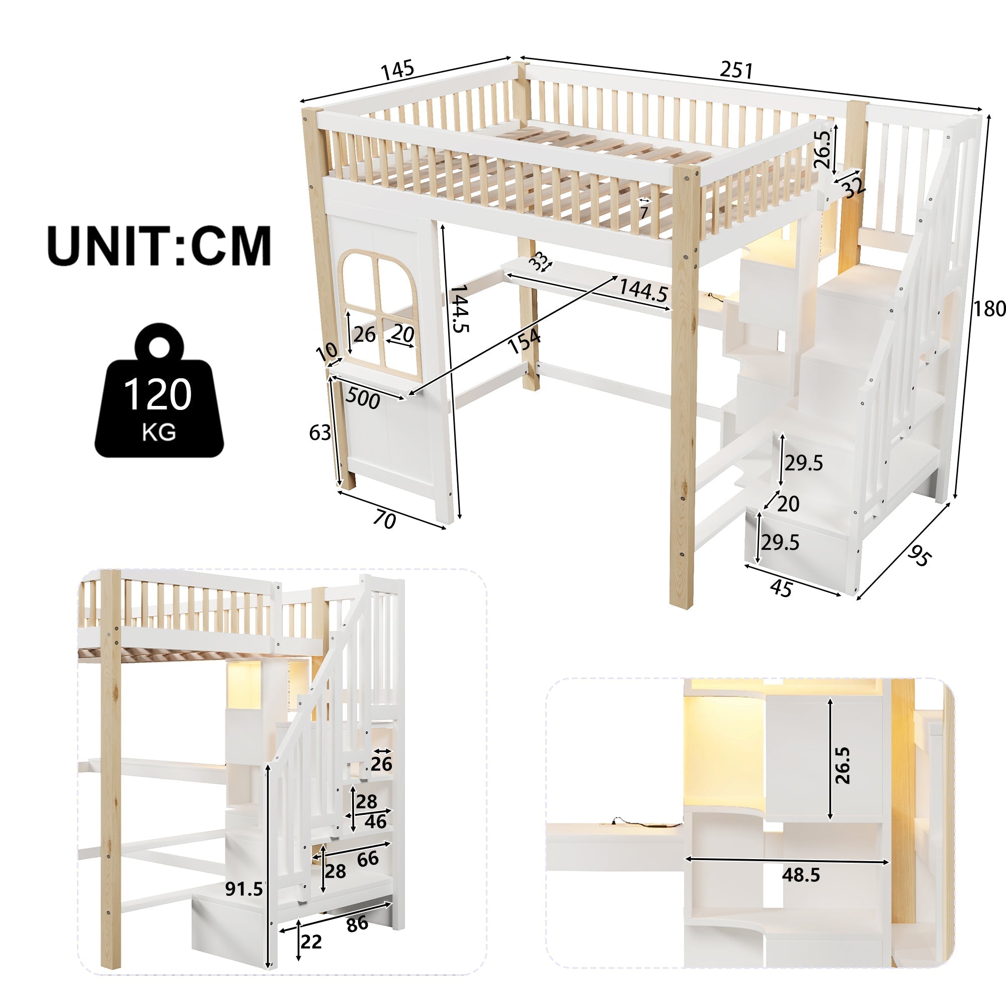 Loft Bed 140x200cm with LED Lights, Desk, and Storage Ladder, White + Natural
