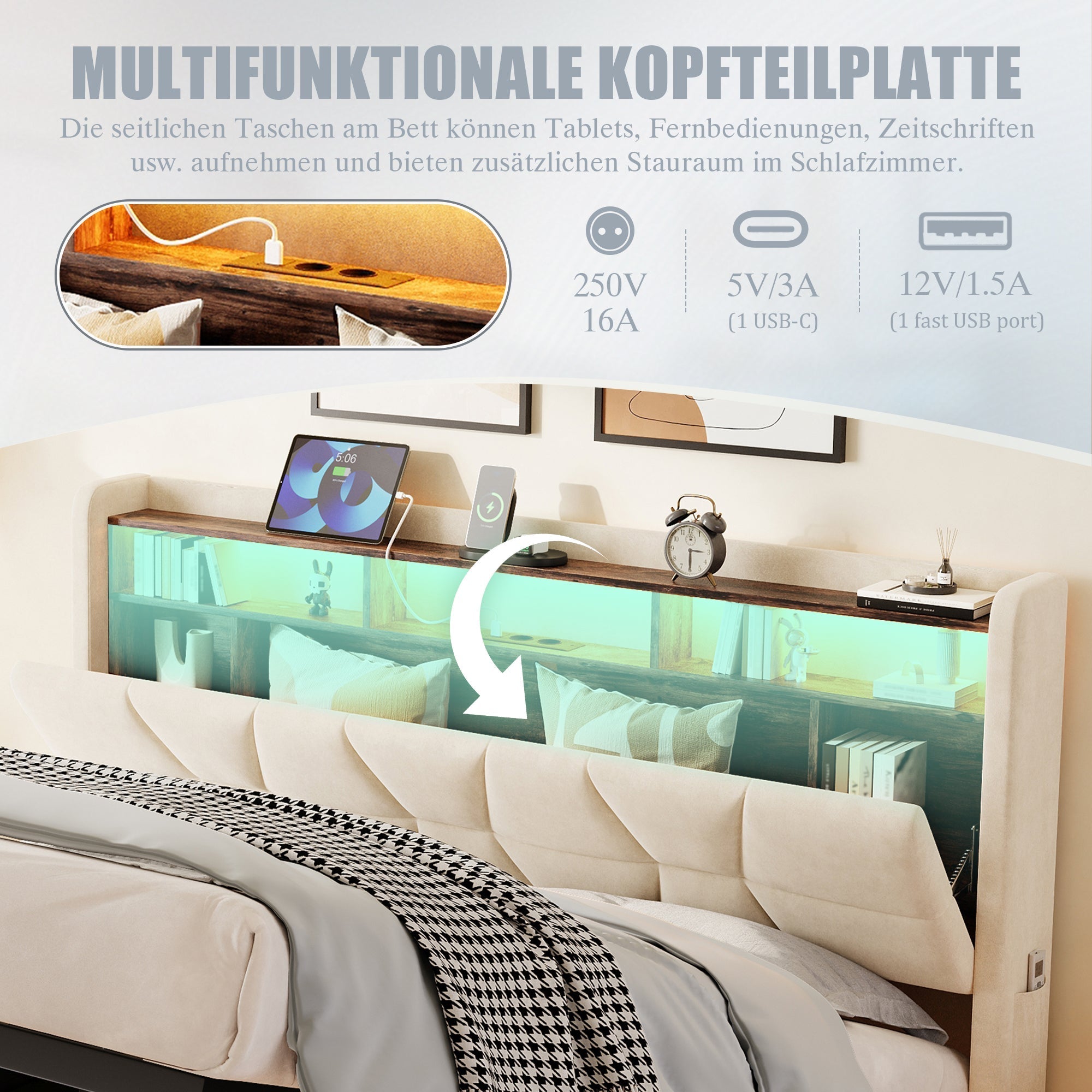 Multifunctional Bed with LED Lighting and USB Charging Station, 140x190cm, Beige