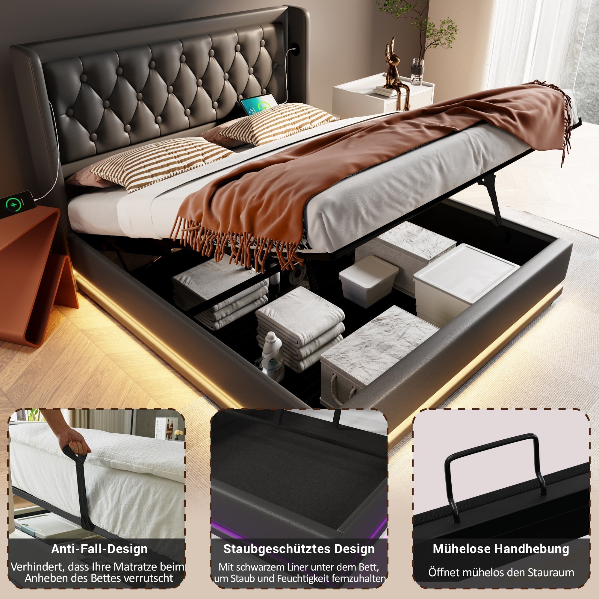 Upholstered Double Bed, 140x200cm Hydraulic Storage with USB Type-C Charging & 3-Sided LED, Black PU