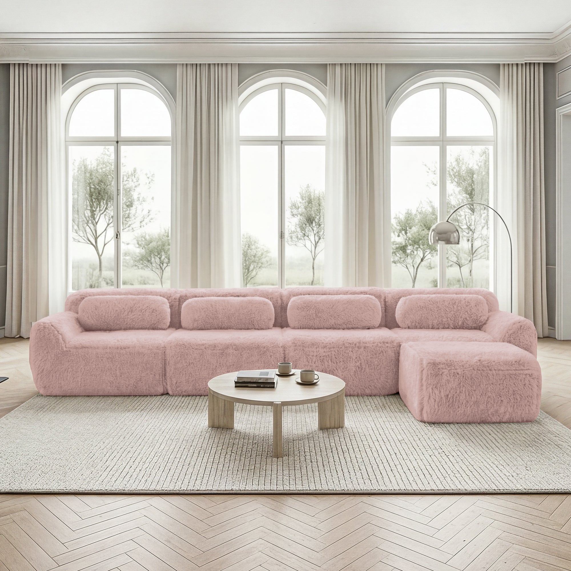 L-Shaped Sofa 4-Seater Modular Chaise Longue - Premium Plush Pink