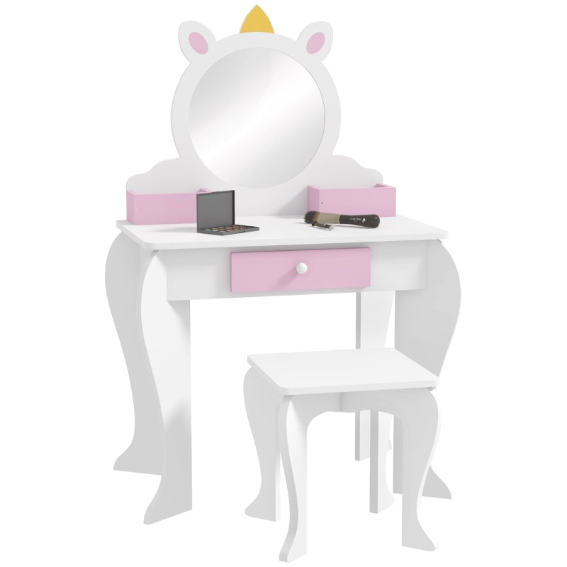 Unicorn-Design Kids Dressing Table with Mirror and Stool, White