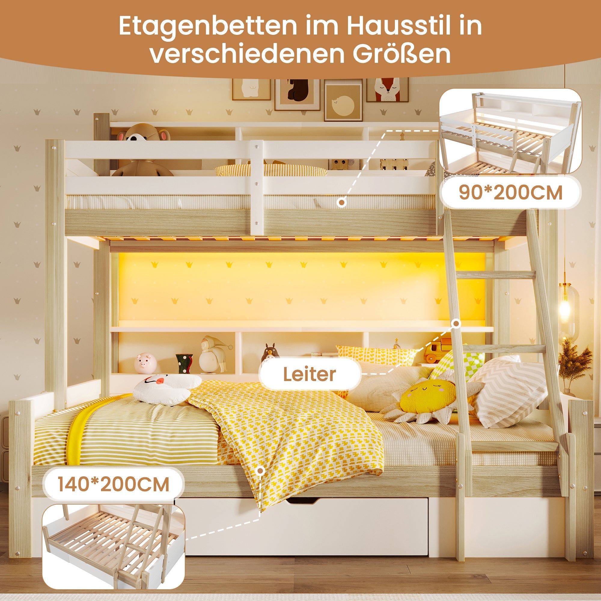 Bunk Bed with Storage Compartments, 1 Drawer and LED Light, 90x200cm + 140x200cm, White and Natural