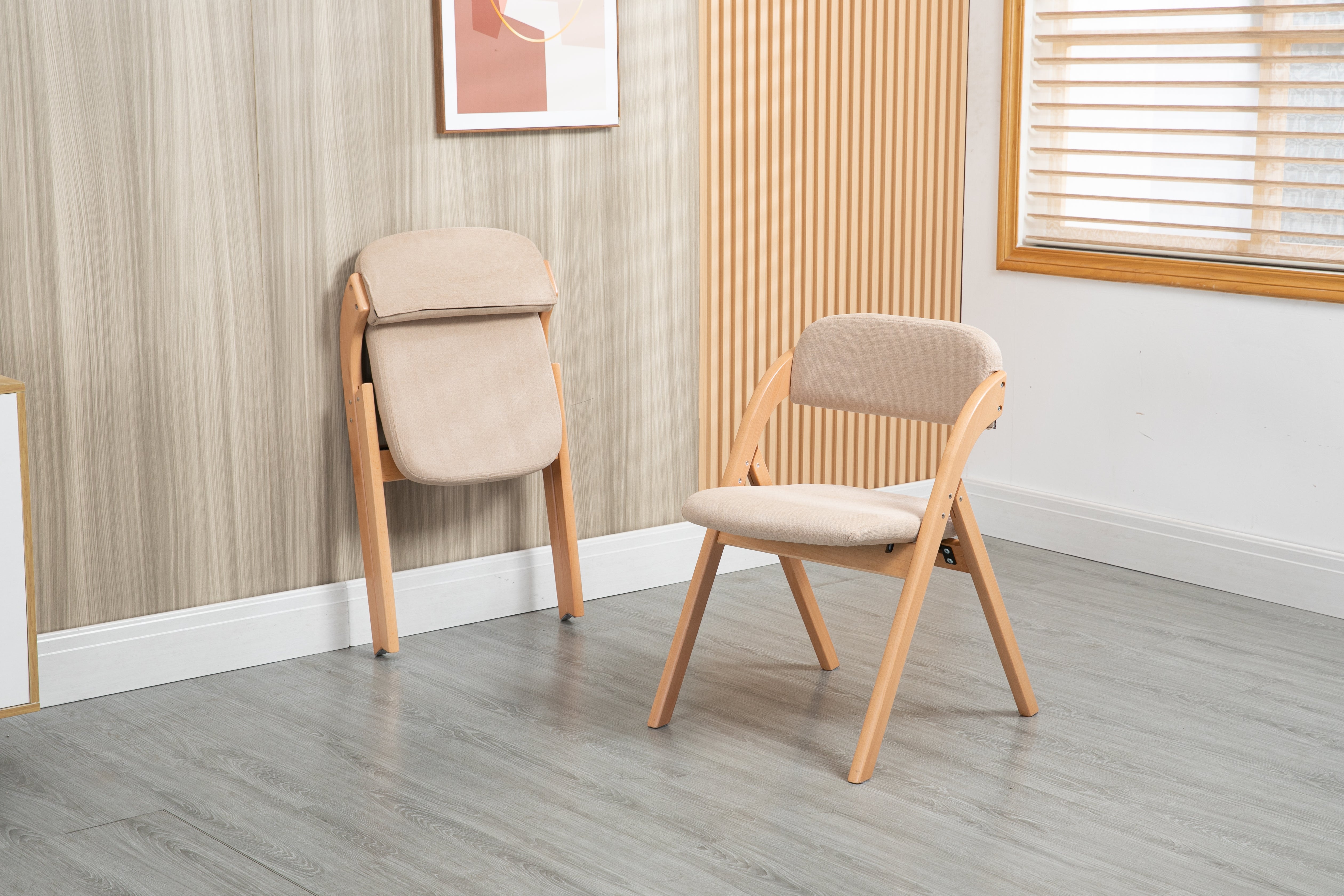 Folding Dining Chairs - Set of 2, Wooden Stackable, Padded Seats, Removable Cover - Khaki