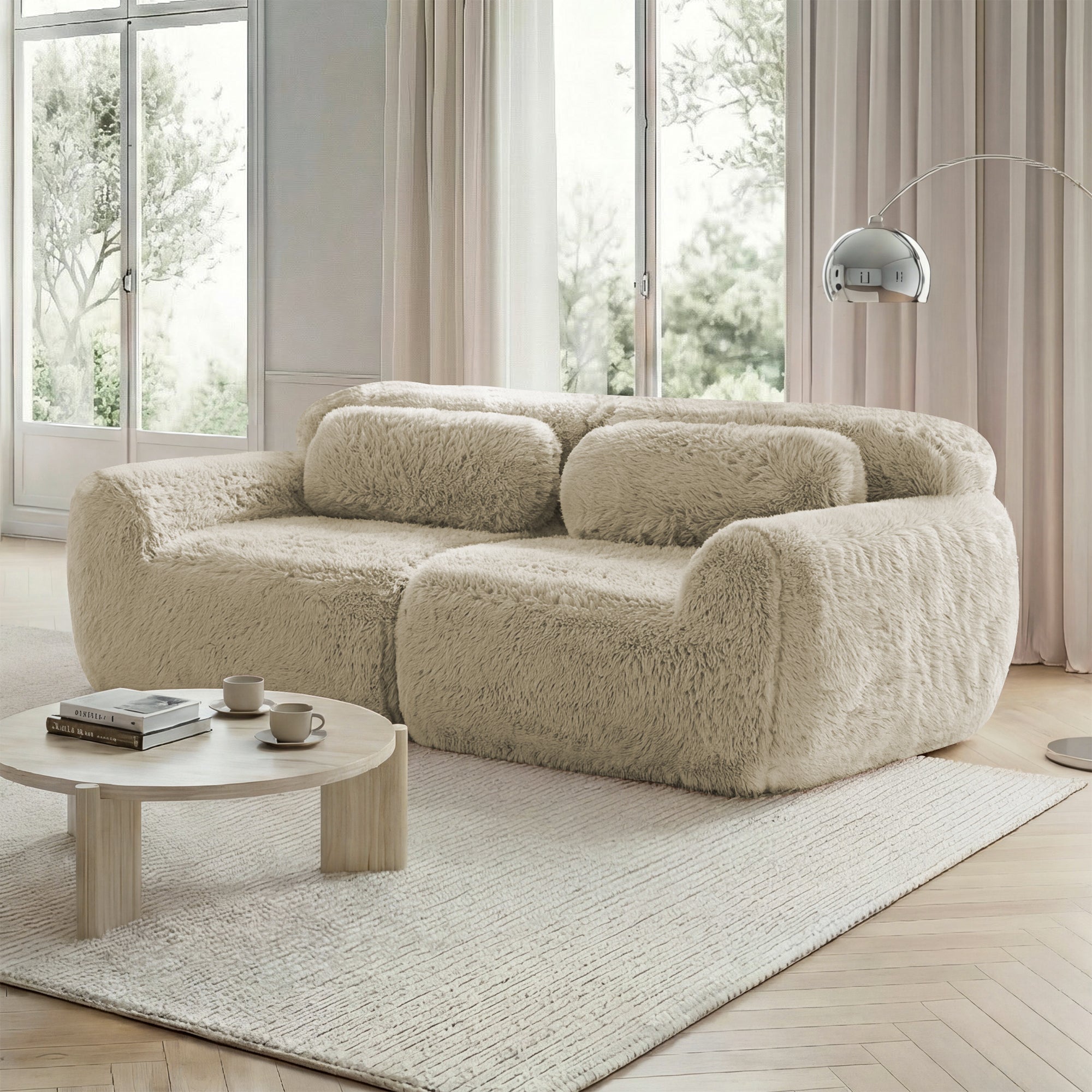 2-Seater Sofa Modular Frameless Plush Fabric - Light Khaki