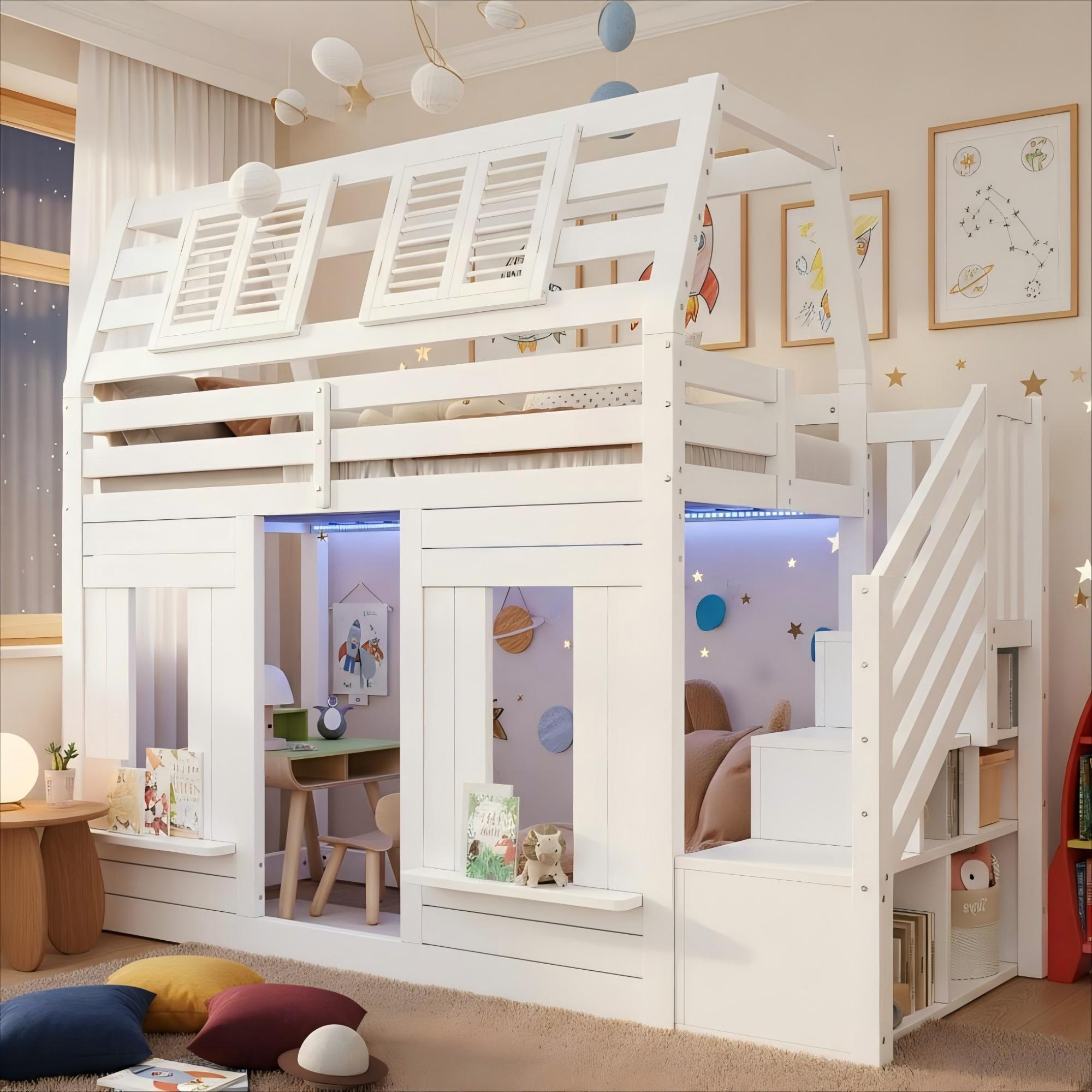 Bunk Bed with LED, Fall Protection and Storage Stairs, 90x200cm, White Wooden House Design