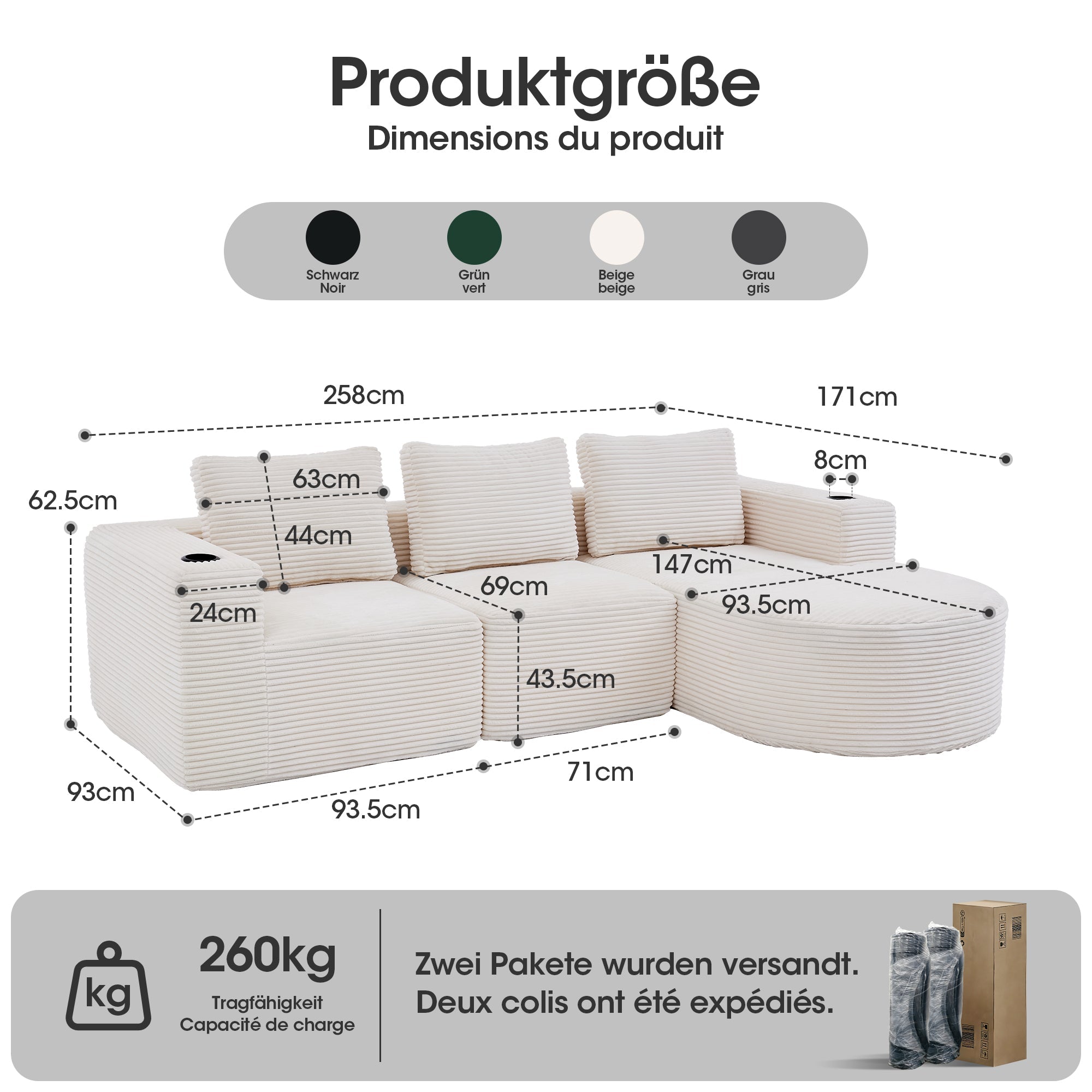Double Sofa with 3 Pillows and 2 Cup Holders, 265cm Wide Fully Compressed, Feather and Plastic