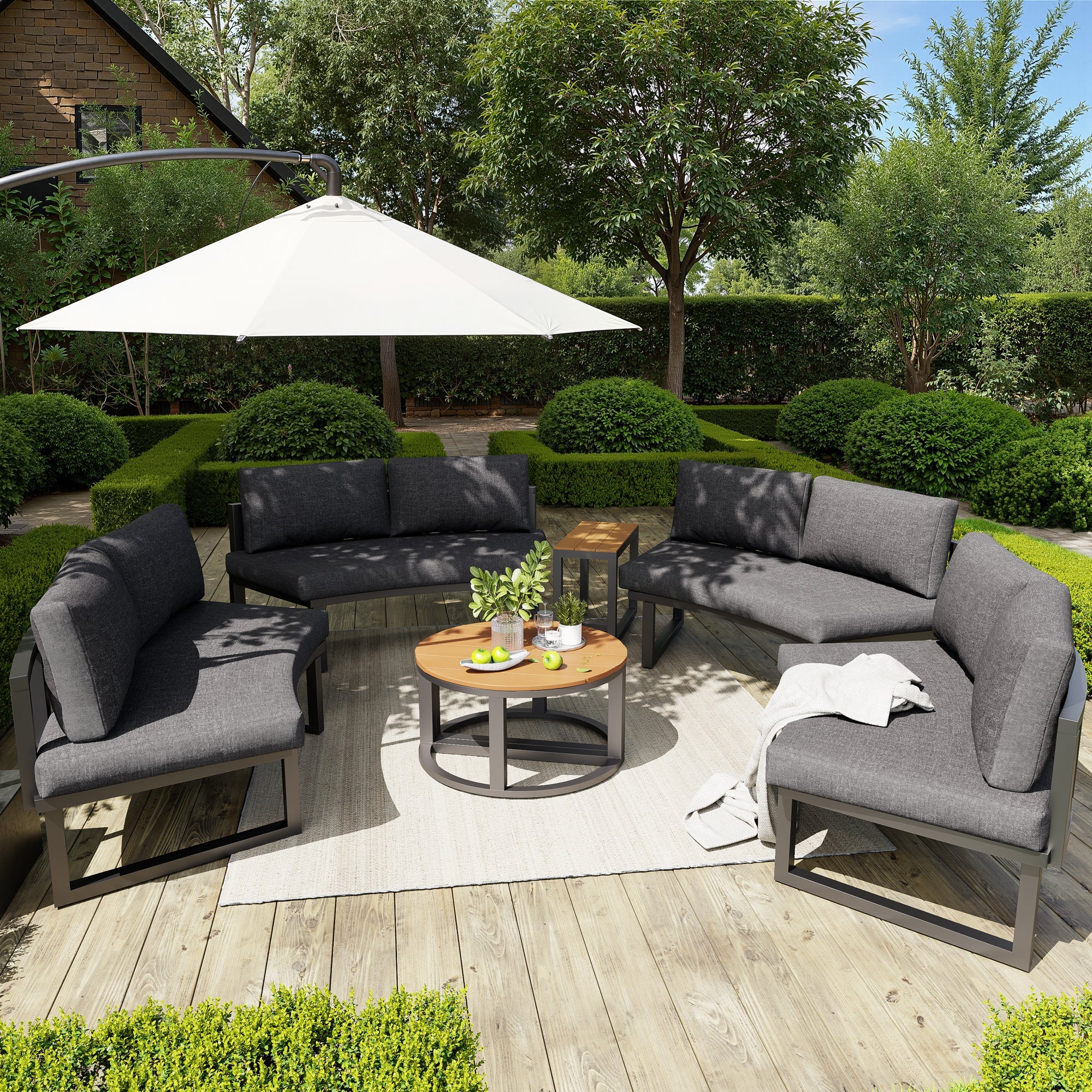 Garden Lounge Set 4-6 Seater Adjustable Legs Round Sofa - Grey