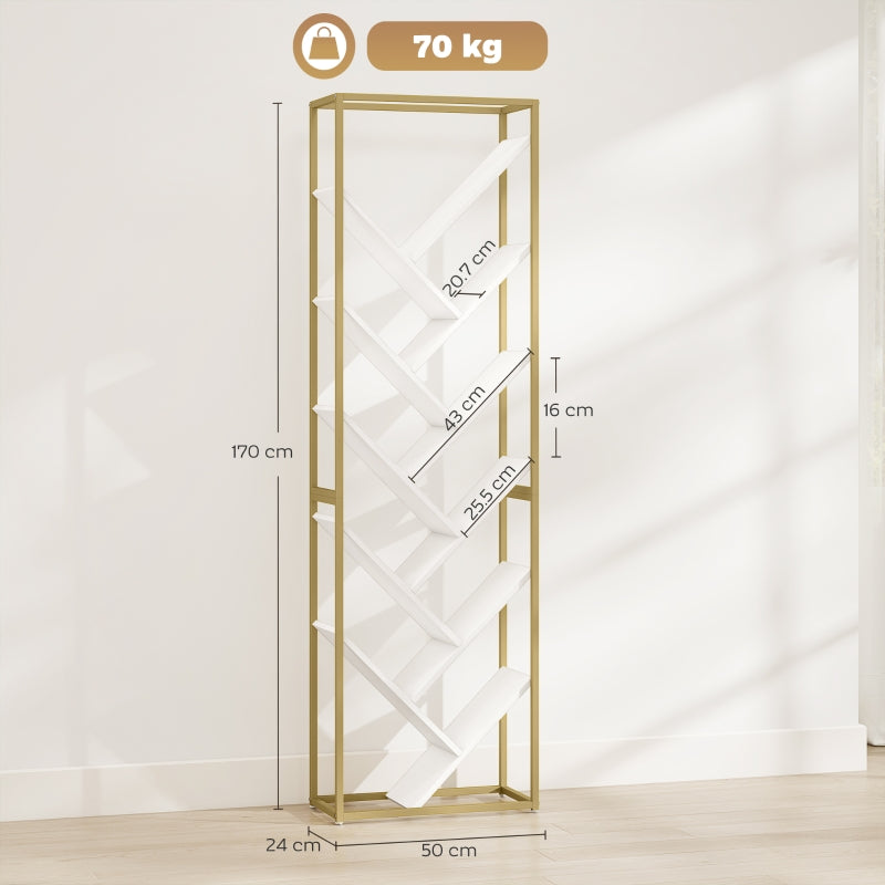 10 Shelf Bookshelf Tree Design Slim Modern Style Gold Tone/White
