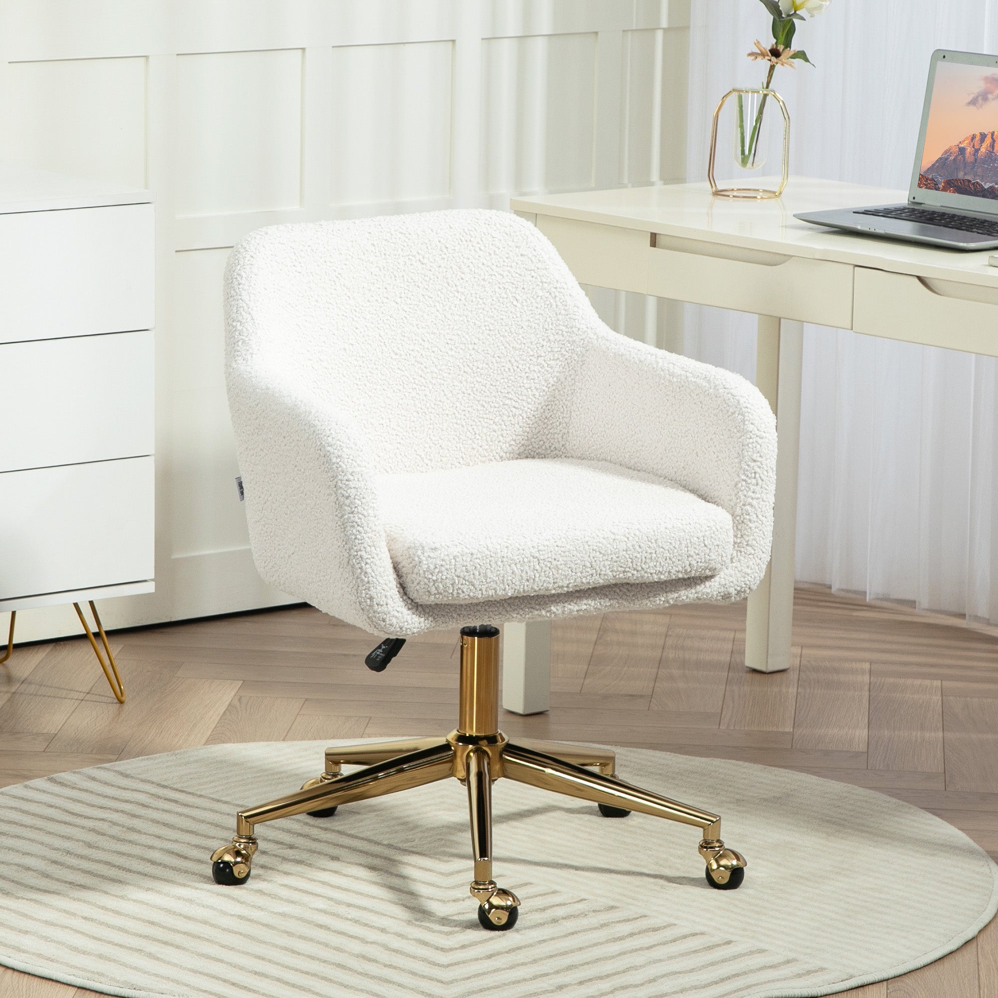 Office Chair, Height-Adjustable Swivel Recliner Steel Frame, Cream White Velvet