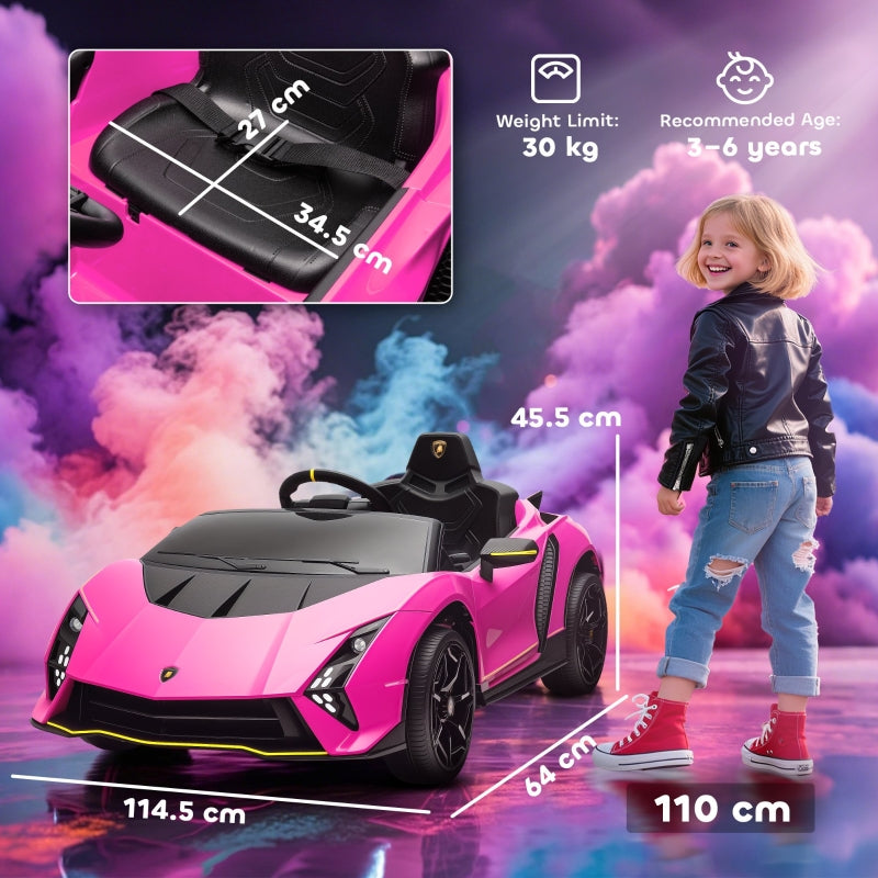 12V Lamborghini Autentica Kids Electric Car with Remote Control, 4 Suspension Wheels, Soft Start, Pink