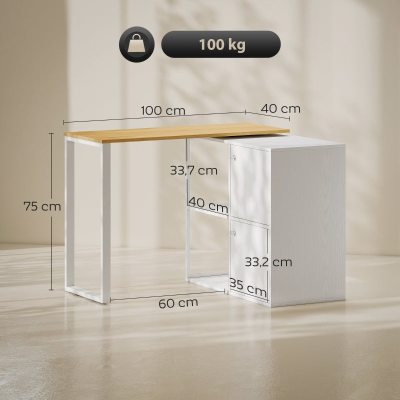 L-shaped Desk, 360° Rotating Corner with 2 Cabinets & 2 Shelves, White