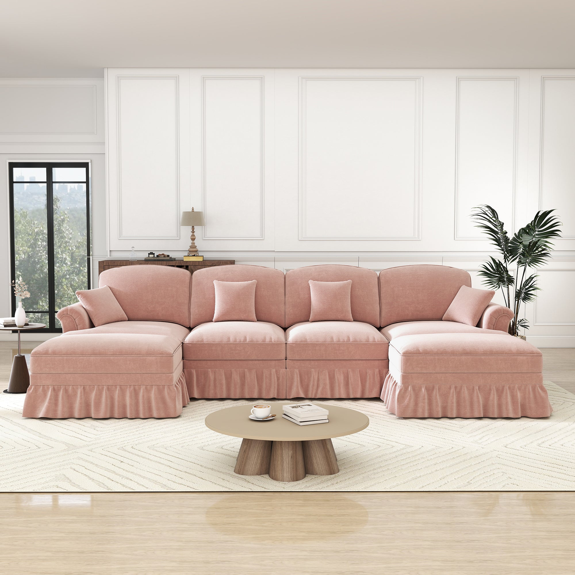U-shaped Modular Sofa 4-Seater Chenille with Ottoman - Pink
