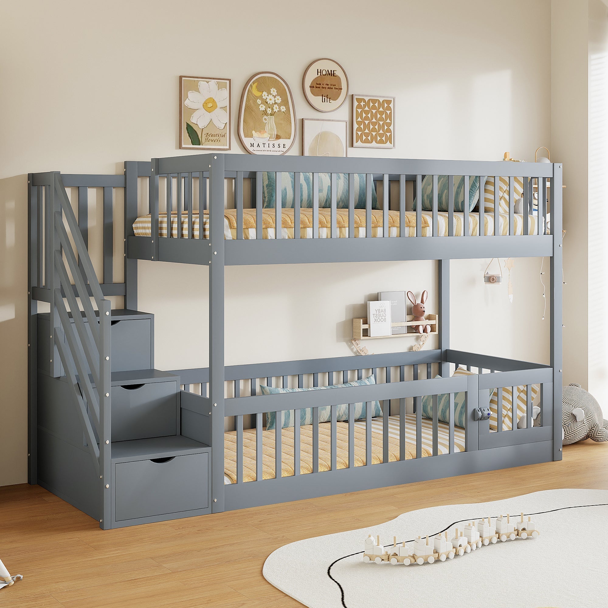 Bunk Bed 90x200 Safety Stairs Drawers Storage, Grey Wooden