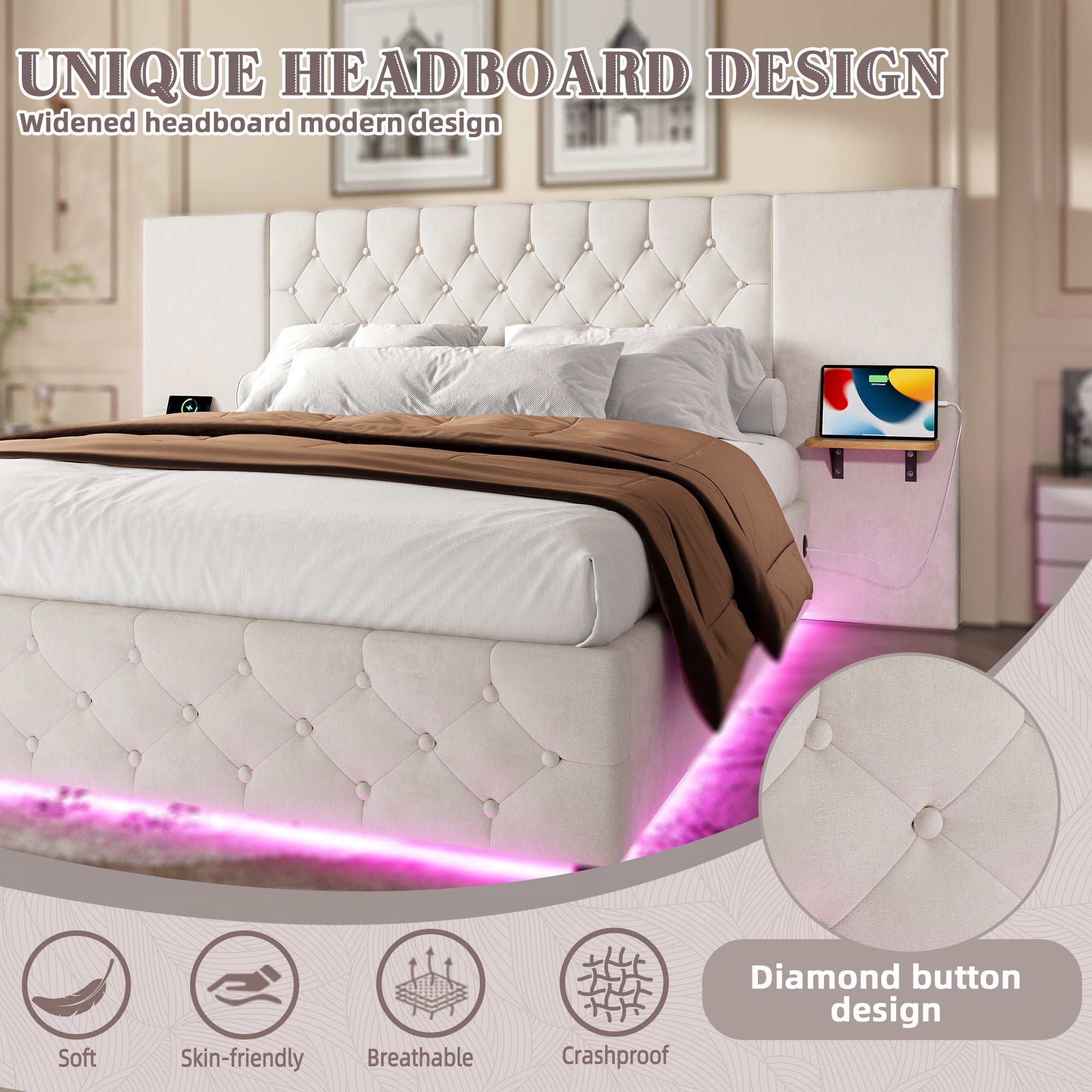 Modern 150*200cm Bed Frame with LED, USB-C Ports, Hydraulic Lift Storage, Beige
