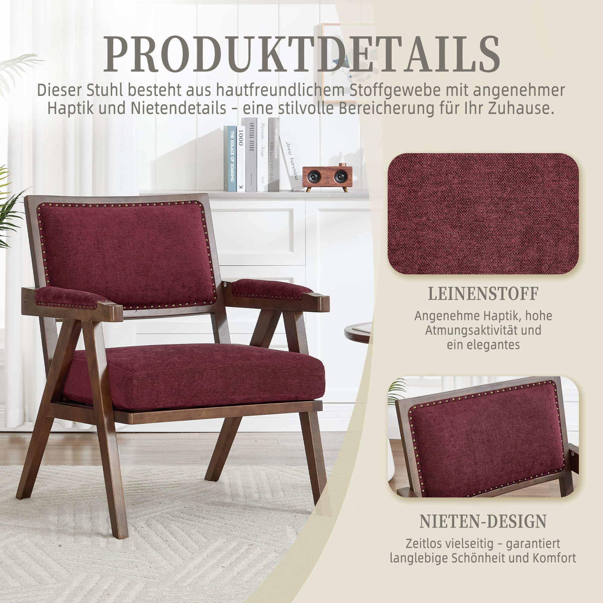 Mid-century Lounge Chair, Single Armchair Upholstered Wooden Frame, Fabric