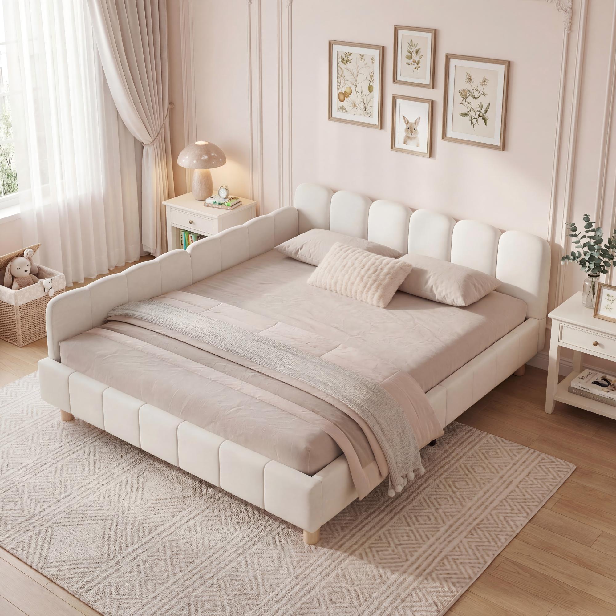 Upholstered Children's Bed with Tufted Headboard and Safety Rail, 140x190cm, Beige Velvet