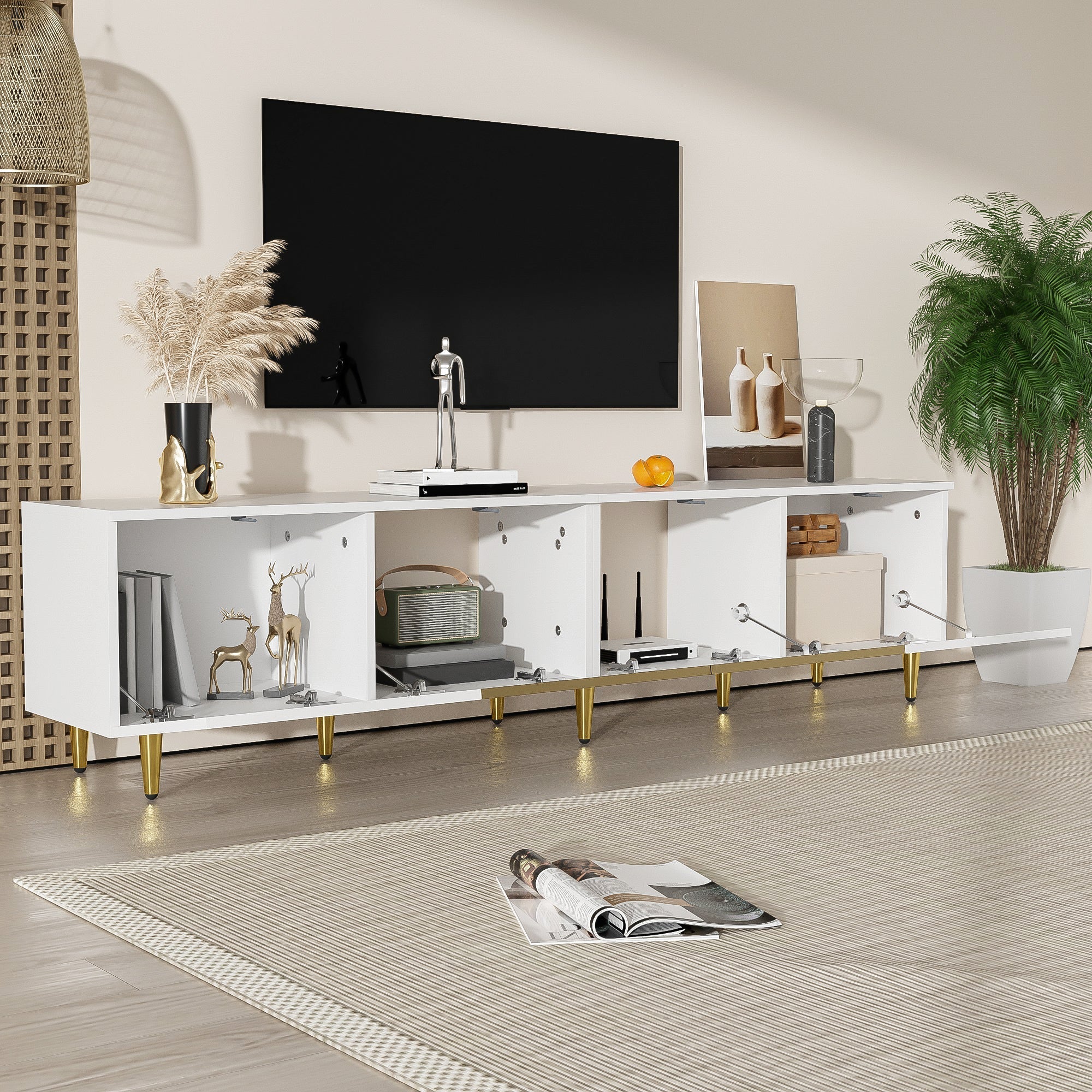 TV Cabinet 170cm Minimalist Style, Floor and Wall Mounted, 4 Doors (2 Glass Doors), White
