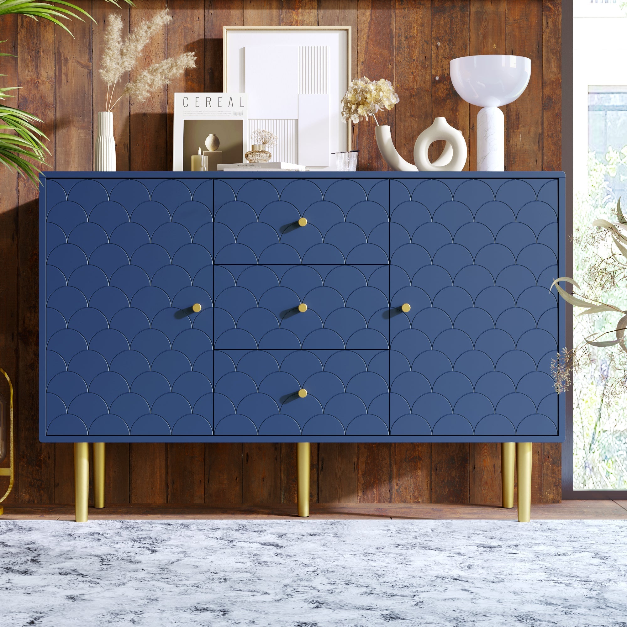 Sideboard Chest 2 Doors 3 Drawers Adjustable Shelf - Navy Blue