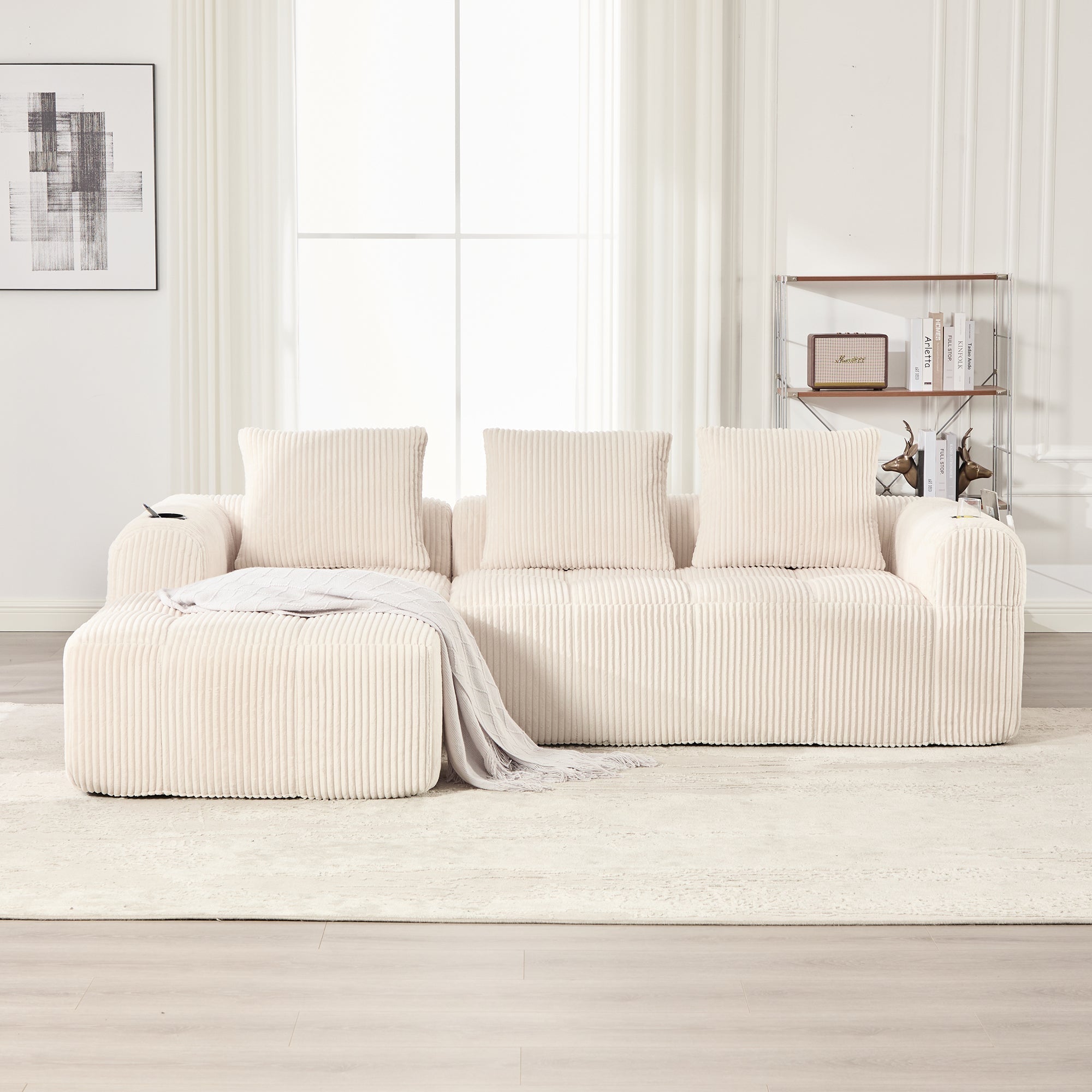 Compact Modular Sofa with Side Pocket, Cup Holder & 3 Cushions - Corduroy Beige