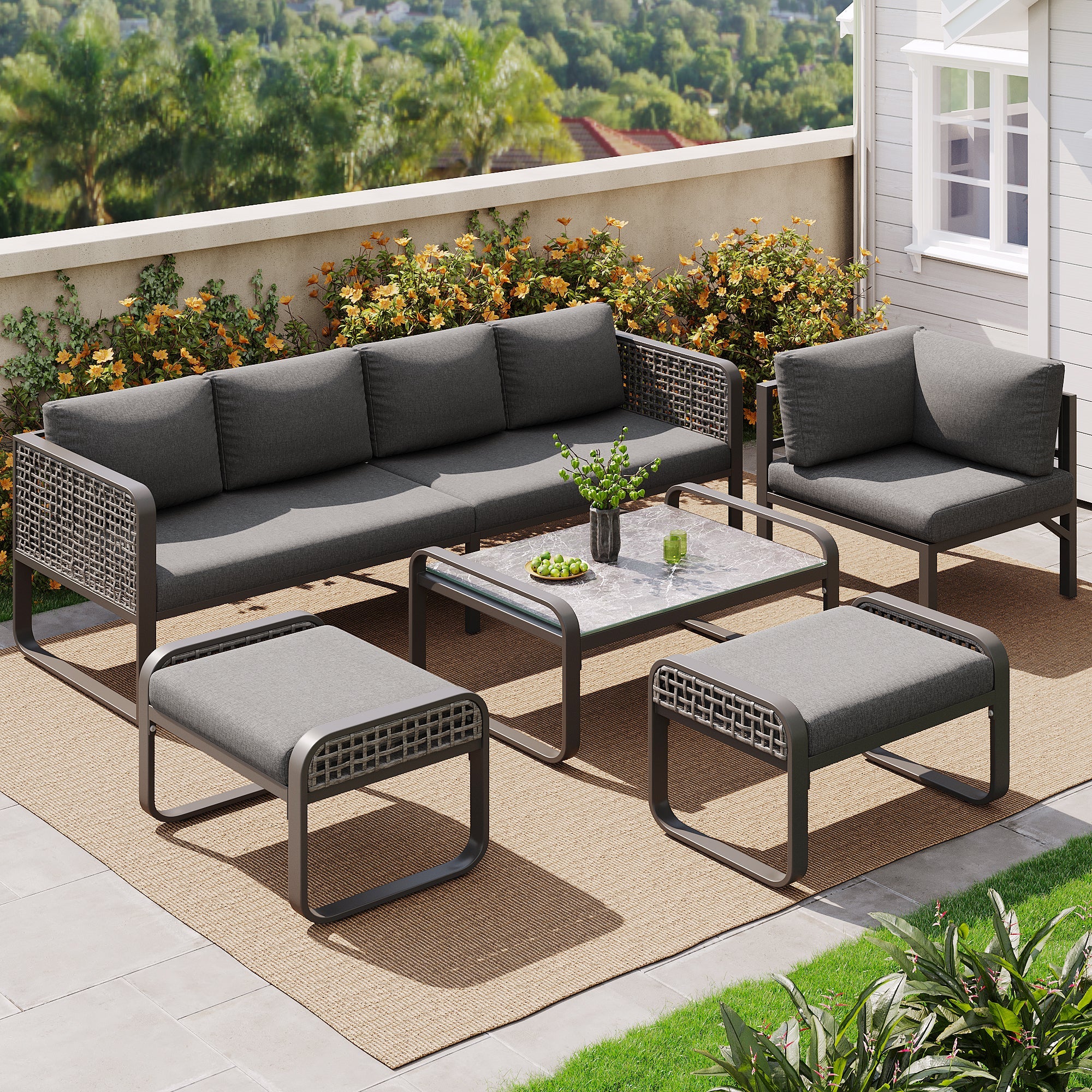 Outdoor Garden Lounge Set, 6-7 People Corner Sofa with Adjustable Legs, Grey Rattan