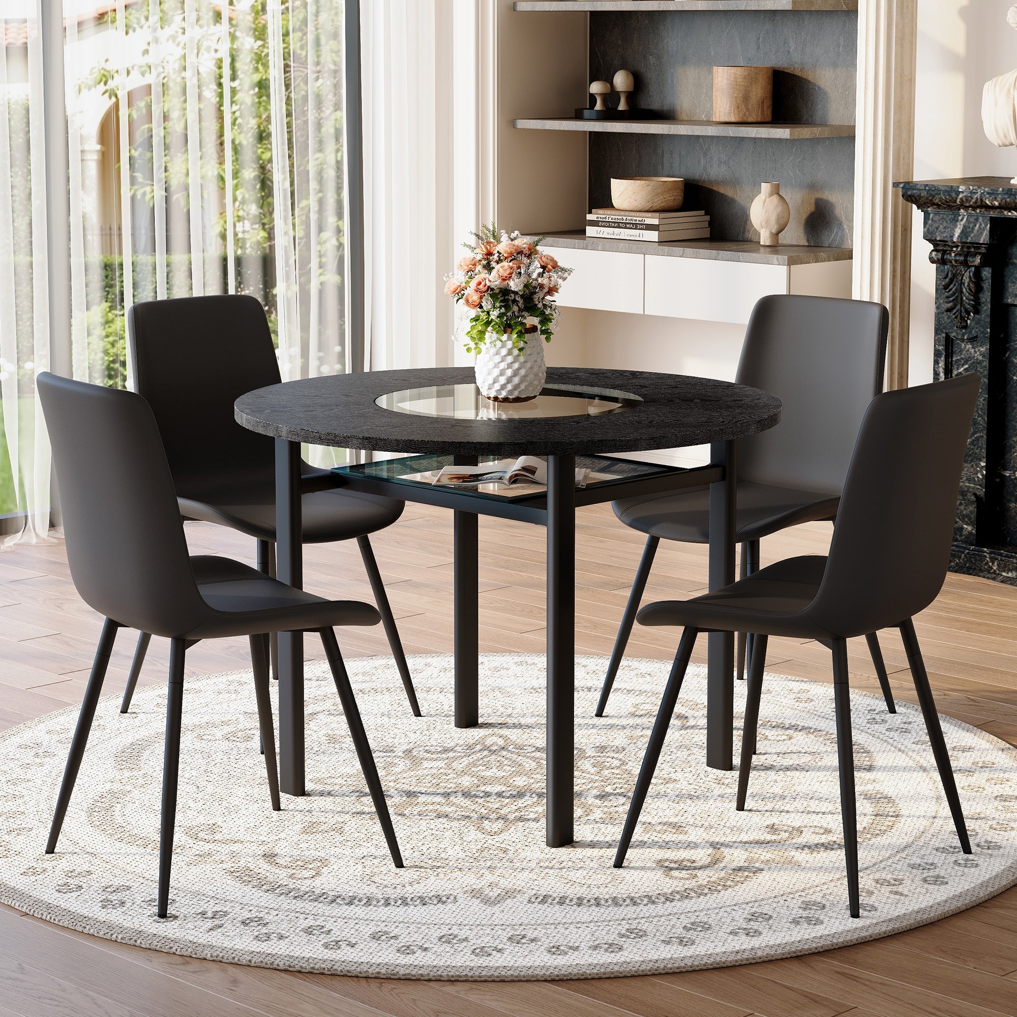 Minimalist Round Table Set 100cm with 4 PU Armchairs - Black Wood Look
