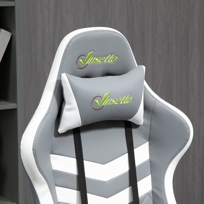 Gaming Chair with Lumbar Support, Headrest, Swivel Wheels, Faux Leather Grey White