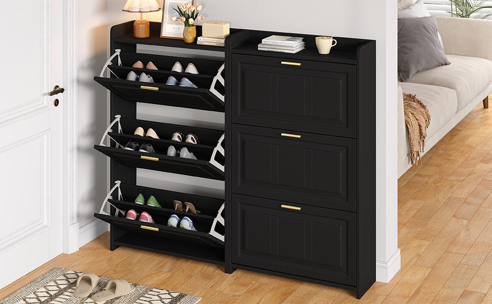 Shoe Cabinet Set with 6 Compartments and 2-Piece Design, Black MDF and Chipboard