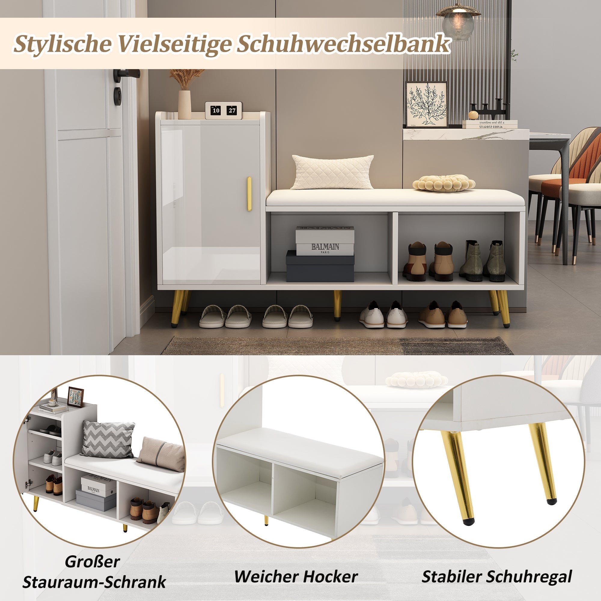 Shoe Cabinet, Multi-Tiered Storage with Upholstered Seat and Gold Accessories, White High Gloss